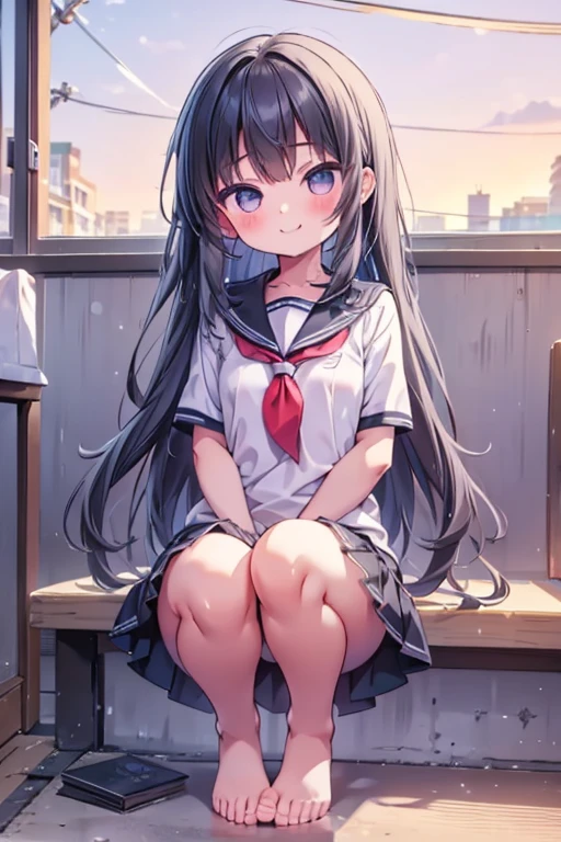 one person!!、Baby Face、Lori、smile、Innocent face、human、6 year old girl、Long Hair、bionde!、With bangs、small、1st grade elementary school students、Big eyes、barefoot、black eye、cute、Are thin、Very small breasts、Height: small、Body small、Short legs、、With legs apart、School、School uniform、Short sleeve、Bare Skin