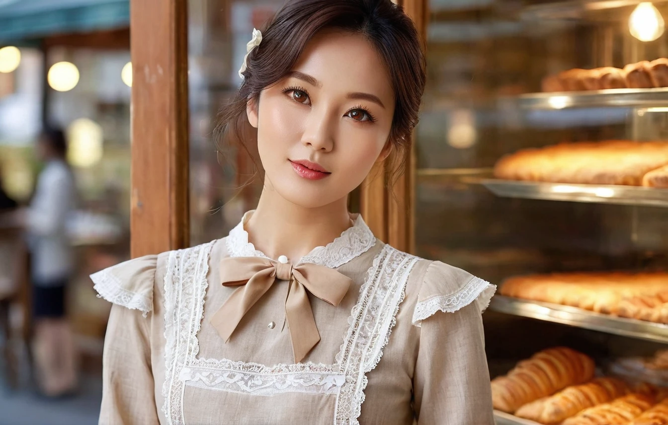 instagram photo, 40 y.o, breathtakingly beautiful korean japanese woman, eyes sparkling with joy, she stands at a vintage bakery shop, side dutch pose, ((turn towards right side)), full view whole body photography, (masterpiece), (RAW photo, best quality: 1.4), (1 woman), preppy model, feminine, (cute face), (incredibly beautiful body), top-quality, ​masterpiece, high resolution, Photorealistic, highly detailed, true to life, detailed eyes, detailed beautiful skin at ears, (no earrings), life-like detailed beautiful brown eyes, ((styled loose Updo hair, long black brown relaxed hair)), (((hair tucked behind ears))), extremely detailed skin, slight skin blemish, moist nude lips, (exceptional delicate perfect ears), hyper realistic, big dark brown eyes, sincere, confident, mesmerizing eyes,(double eyelid), (realistic face), ((fresh dewy healthy skin texture)),nice teeth, (moist lips)), light natural makeup, translucent white skin, realistic eyes, round iris black pupils, sparkly eyes, beautiful ear skin texture, (realistic skin), attractive, ultra high resolution, extremely realistic, wearing a feminine romantic cottage apron white dress long sleeves, intricate detailed blend of linen white cotton fabric and lace detailed stitching to create delicate frill dress embroidered detail on the chest, a delicate thin velvet ribbon neck princess bow, pleated at waist mid-length a-line skirt, beige brown colors fashionable feminine elegance by Max Mara Ready-to-Wear Collection, very detailed, golden ratio, graceful, (no jewelry), bare nude skin at neck, (nude ears), sharp focus side body, no earrings,effortlessly,serene eyes, natural morning daylight, Realistic,sharp focus,(intricate:1.03), Hyper Real, background: a french bakery shop, fruit pastries, berries cake,Victorian door,extremely delicate and beautiful, Raw photography, overall mood is a crisp morning serene nostalgic vintage bakery interior design, depth of field, ((((8k wallpaper))),16k, ((Extremely detailed CG)) 