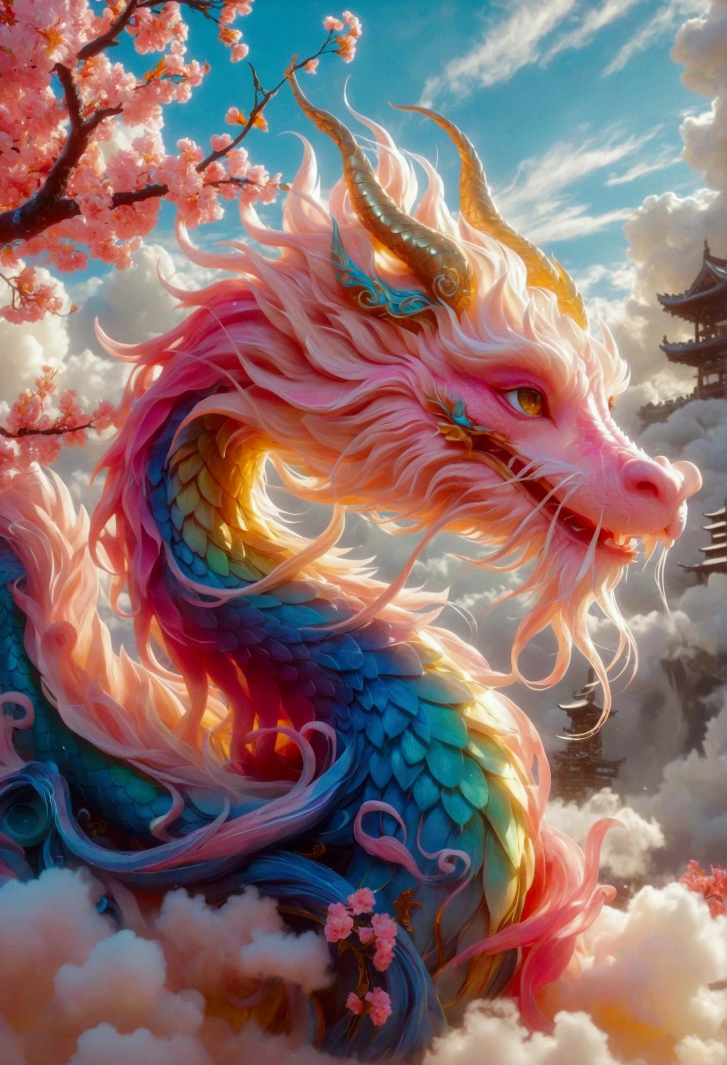 [Vision:1.0]，[Wide Angle:1.0]，Dragon sleeping on clouds, translucent glass brush, Sakura and gold style, anime aesthetics, furry art, pink, elaborate, 3d, C4D rendering, 8k, super high detail, Bright colors，Bright，Ultra high saturation，rgb, Colorful)，(High contrast:1.5)，(whole body:1.8), magazine photography，Popular on social platforms，((Dopamineism))，(((Dopamine color matching)))，Dopamine，(in the style of Y2K)，Luo Erchun，Three-dimensional ancient style，Oriental poetry and painting