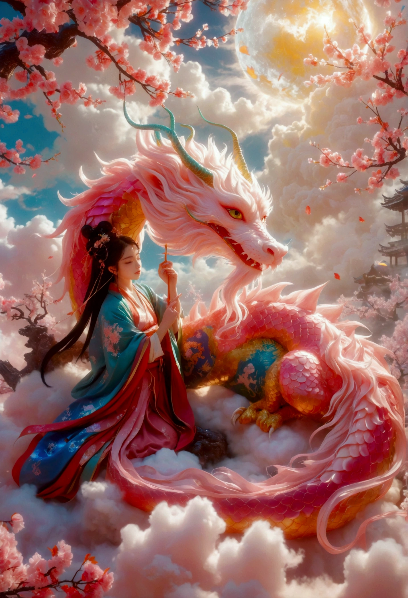 [Vision:1.0]，[Wide Angle:1.0]，Dragon sleeping on clouds, translucent glass brush, Sakura and gold style, anime aesthetics, furry art, pink, elaborate, 3d, C4D rendering, 8k, super high detail, Bright colors，Bright，Ultra high saturation，rgb, Colorful)，(High contrast:1.5)，(whole body:1.8), magazine photography，Popular on social platforms，((Dopamineism))，(((Dopamine color matching)))，Dopamine，(in the style of Y2K)，Luo Erchun，Three-dimensional ancient style，Oriental poetry and painting