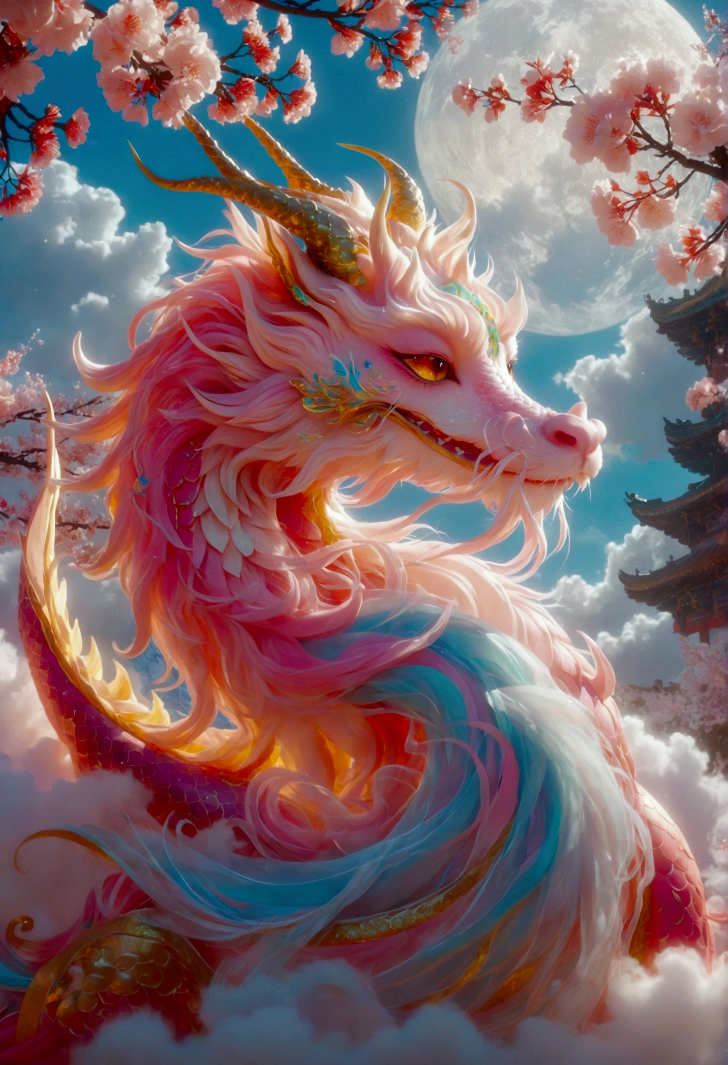 [Vision:1.0]，[Wide Angle:1.0]，Dragon sleeping on clouds, translucent glass brush, Sakura and gold style, anime aesthetics, furry art, pink, elaborate, 3d, C4D rendering, 8k, super high detail, Bright colors，Bright，Ultra high saturation，rgb, Colorful)，(High contrast:1.5)，(whole body:1.8), magazine photography，Popular on social platforms，((Dopamineism))，(((Dopamine color matching)))，Dopamine，(in the style of Y2K)，Luo Erchun，Three-dimensional ancient style，Oriental poetry and painting