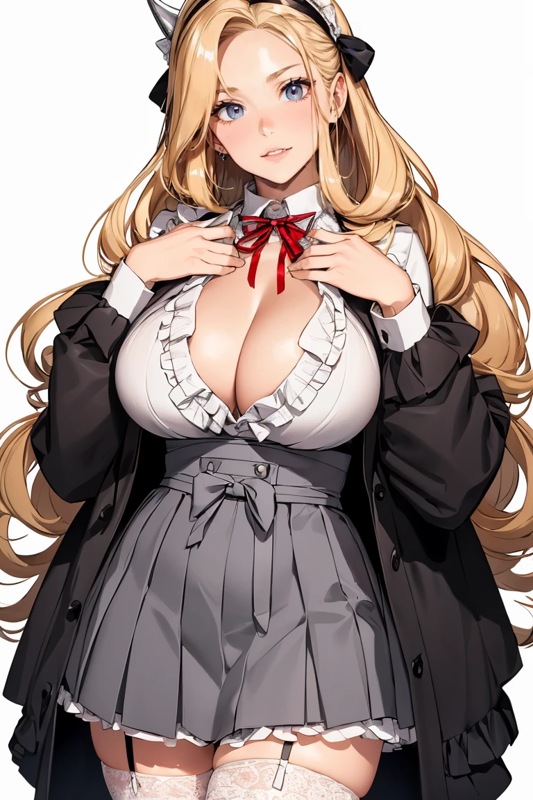 (cowboy shot: 1.5), (white background, simple background: 1.5), (masterpiece:1.5), (big breasts: 1.5), (1 girl: 1.5), young woman, (Beautiful Girl:1.5), (extremely detailed and delicate anime face and eyes:1.5), whole body, (natural light, HDR, extremely details CG:1.3), (dynamic posture: 1.3), {correct body anatomy}, (wide hips: 1.3), (perfect hands: 1.5), single focus, toned body, Beautiful Lips, thick lips, {surreal}, {correct posture}, {minutes details}, {detailed body}, {detailed clothing}, (Bright Eyes: 1.3), (cleavage: 1.3), {accessories}, {sexy}, (Short blazer: 1.5), long sleeves jacket, (open jacket: 1.5), (puffed sleeves: 1.3), one-piece dress, (wide sleeves: 1.3), (school dress: 1.5), (dress with frills: 1.5), (skirt with lots of frills: 1.5), (white lace-trimmed legwear: 1.5), white thighhighs, garter belt, (Hakama bow: 1.3), (black high heels: 1.3), jewelry, (neck ribbon: 1.5), (bowtie: 1.3), hairband, (tiara: 1.2), earrings, (light smile: 1.3), (extra long hair: 1.5), (two-tone hair: 1.5), (pale blonde hair with lilac streaks: 1.5), (permed hair: 1.5), (long wavy hair: 1.3), very thick hair, (open forehead: 1.5), glowing hair, (bright light gray eyes: 1.3),