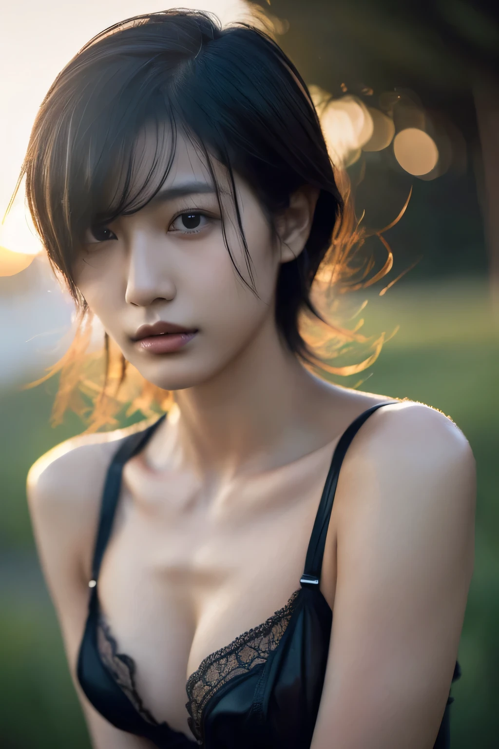Hair blowing in the wind、Wet Skin、Wet Hair、Wet clothes、Sea at dusk,A cute girl with a face like a Japanese idol,Slender、Small breasts,((Cinema Lighting),(Natural light),(High level of artistry),(artistic),(Indistinguishable quality from the real thing),{{RAW Photos}},{{Genuine}},High resolution,masterpiece, beautiful, Handsome Tomboy, Looks like a salon model, ((Cool face)), Neutral facial features, Cowboy Shot, nsfw:1.4、Puzzled、Shyness、sleepy、Bisexual:1.2、here is a woman in a black lingerie posing for a picture, wearing sexy lingerie, iridescent shiny sheer lingerie, laced lingerie, lingerie, レザーBodysuits, leather costume Bodysuits, , thin black lingerie, very Sexy Costumes, Bodysuits, Revealing clothing, Sexy Costumes, cyberpunk Bodysuits, 