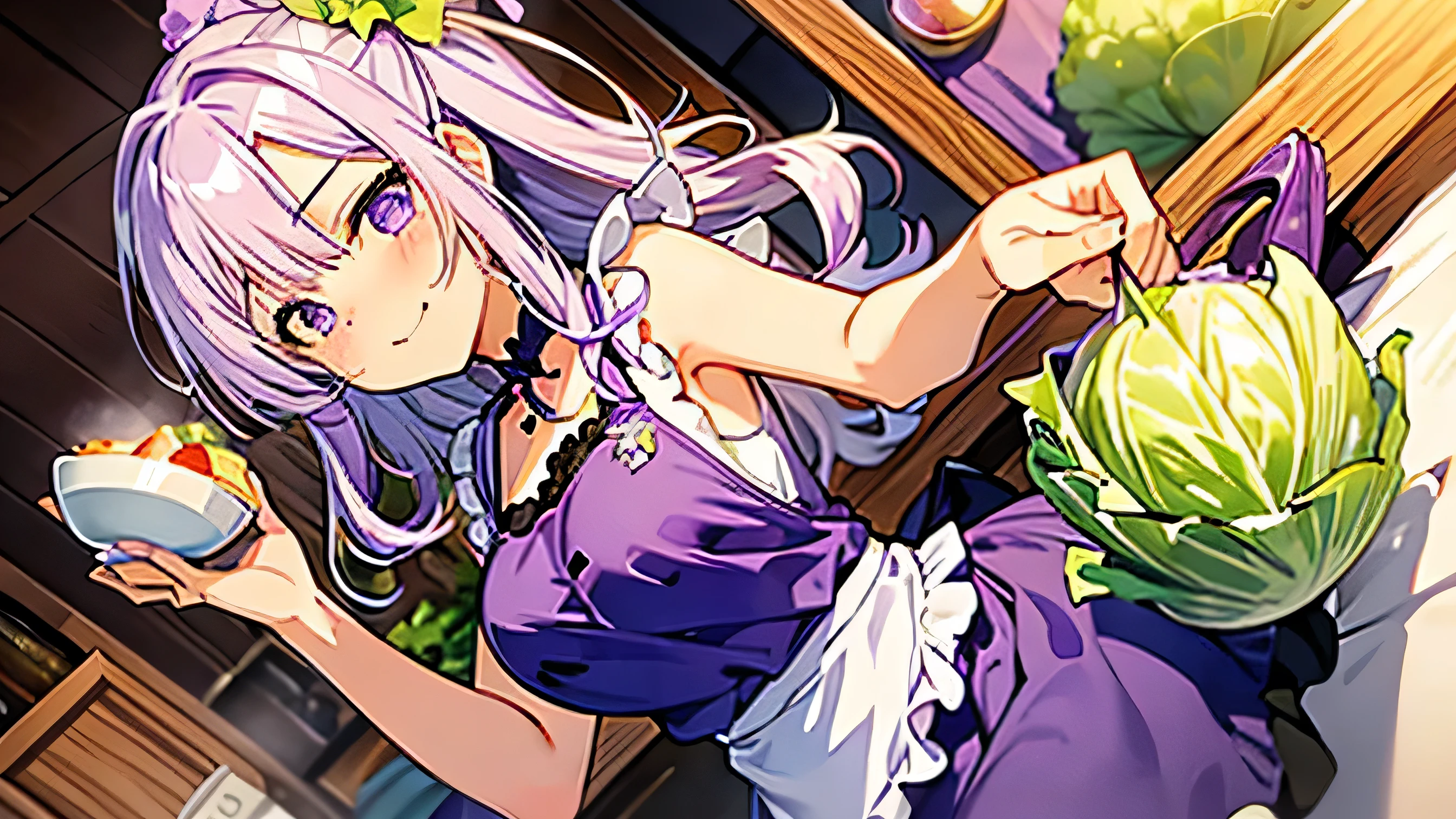 vegetables、cabbage、Purple onion、たくさんのcabbage、たくさんのPurple onion、Girl、tits、Purple apron、White Hair、Marinade、eat、Happy、Blushing、