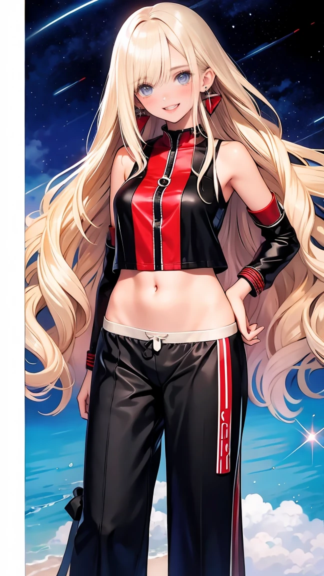 anime illustration, ((((highest quality)))), (((Ultra-precision CG 16K))), (((masterpiece))), BREAK skinny body, slender waist, medium Breasts, (((perky breasts))), ((sagging breasts)), (covered nipples), (((tanned skin, tan lines))) , BREAK ( smiling, blush, determined expression, sweaty , Heavy breathing, embarrassed, ) , (natural make), BREAK narrow eyes, (streaked hair, hair intakes, colored inner hair, ) BREAK (((wearing printed sexy oversized clothing , wearing wide-leg-pants, breasts is covered by outfit, (detailed panty)Narrow aisles,))) , wearing earrings , BREAK ( stick breast out, bending over, ) BREAK (( under the cosmic sky on the cosmic sea , cosmic effects)), (((full body shot, looking at viewer, ))), BREAK ((cinematic , from front, from above , (Distant view, Panorama), looking at viewer, )) , pinup magazine pose,