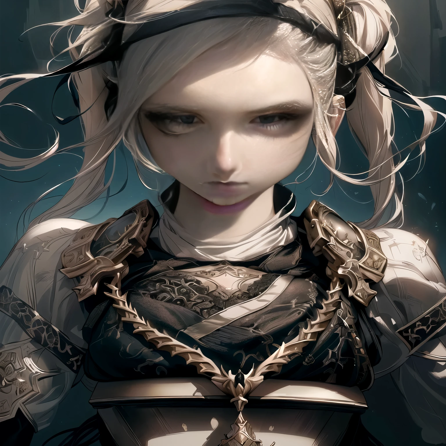 Drawing of a woman with pigtails wearing a top, Dark fantasy art style, Detailed Matte Fantasy Portrait, neoartcore 和 charlie bowater, Dark fantasy art, Epic fantasy art style, Epic fantasy art, Fantasy genre portrait, Epic and beautiful character art, fantasy graphic novel style, Epic fantasy art portrait, gothic fantasy art, Stunning character art