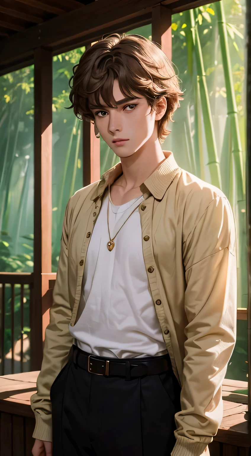 A man, short golden hair styled in an upward fashion, a tuft of hair bangs, a melancholic expression, sharp gaze, a playful smile, a two-piece fantasy-style Chinese outfit, a complexly layered white undershirt, a loose-knit outer coat, a yellow silk belt, coarse cloth trousers, the backdrop showcases a wooden house set in a bamboo forest, creating a refreshing and dreamy atmosphere, this character embodies a finely crafted fantasy-style wise in anime style, characterized by an exquisite and mature manga illustration art style, high definition, best quality, highres, ultra-detailed, ultra-fine painting, extremely delicate, professional, anatomically correct, symmetrical face, extremely detailed eyes and face, high quality eyes, creativity, RAW photo, UHD, 8k, Natural light, cinematic lighting, masterpiece-anatomy-perfect, masterpiece:1.5