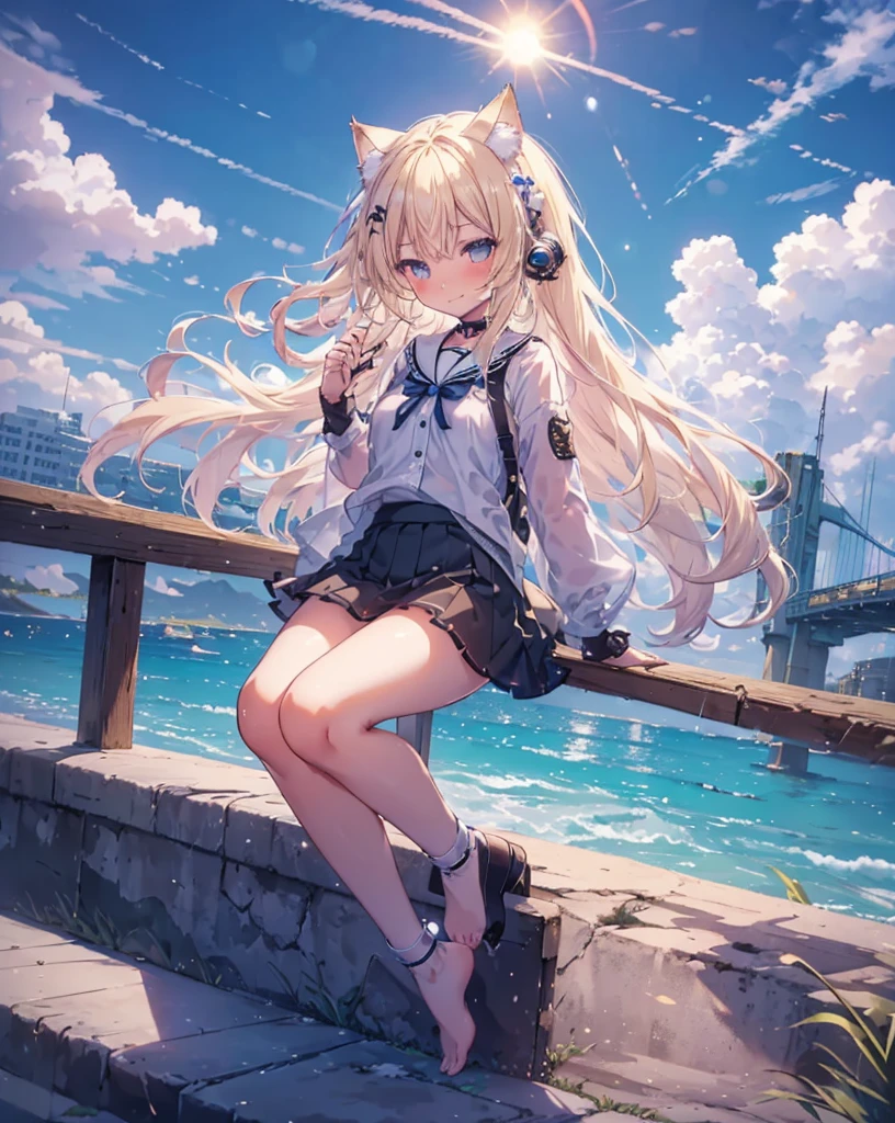 (Highest quality, Masterpiece: 1.2), (Solo), neko ears Anime coloring book, 4K quality, (((Girl))), blonde hair, cat ears, cat tail, neko ears, neko tail, little happy smile, Sailor uniform, Bare feet, Pleated skirt, A girl immersed in the world of anime High school description Noise, beach, blue sky, clouds, cloudy sky, dewy road, sun, horizon, ocean, landscape, sky, skyline, blue sky and white clouds, fantastic light, beautiful light, mirror, mysterious, Beautiful, clear water, mirror world, dream, heaven, stairs, diving, cliff, rainbow, aurora, mirage, moon, planet, meteorite. she's jumping and splashing water