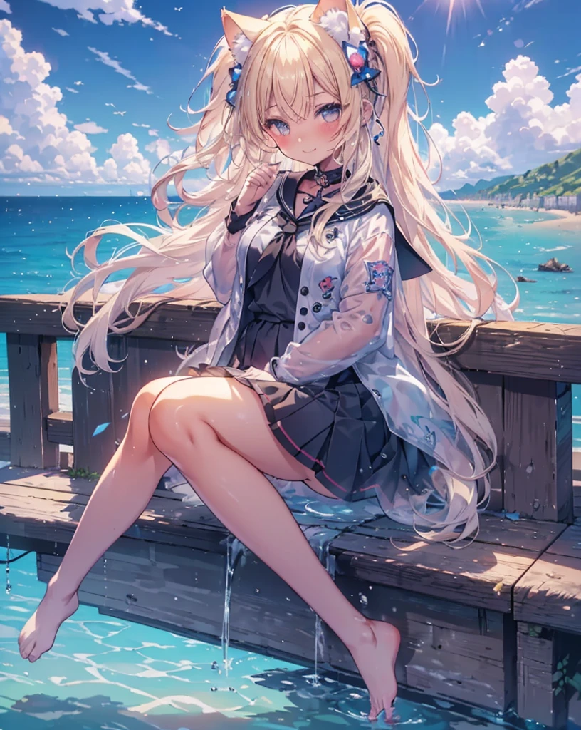 (Highest quality, Masterpiece: 1.2), (Solo), neko ears Anime coloring book, 4K quality, (((Girl))), blonde hair, cat ears, cat tail, neko ears, neko tail, little happy smile, Sailor uniform, Bare feet, Pleated skirt, A girl immersed in the world of anime High school description Noise, beach, blue sky, clouds, cloudy sky, dewy road, sun, horizon, ocean, landscape, sky, skyline, blue sky and white clouds, fantastic light, beautiful light, mirror, mysterious, Beautiful, clear water, mirror world, dream, heaven, stairs, diving, cliff, rainbow, aurora, mirage, moon, planet, meteorite. she's jumping and splashing water