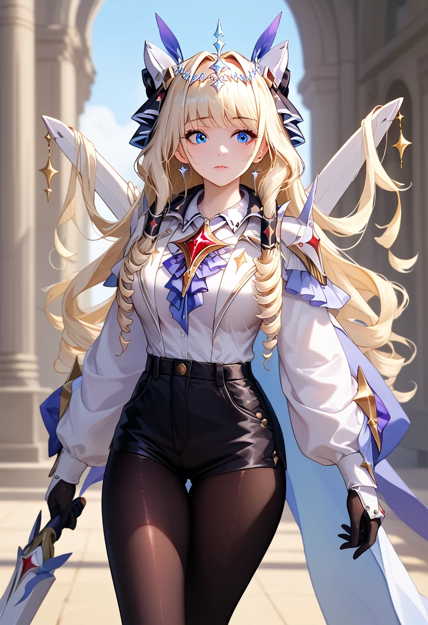 nikkecrwn, blonde hair, long hair, drill hair, tiara, hair ornament, headgear, blue eyes, white jacket, white shirt, brooch, center frills, black shorts, high-waist shorts, gloves, wings, armored boots, fishnet pantyhose,9,score_8_up,score_7_up,masterpiece,best quality,perfect anatomy,very aesthetic,official art,8k,shiny_skin,fair_skin,white_skin, Идет по Улице с Улыбкой