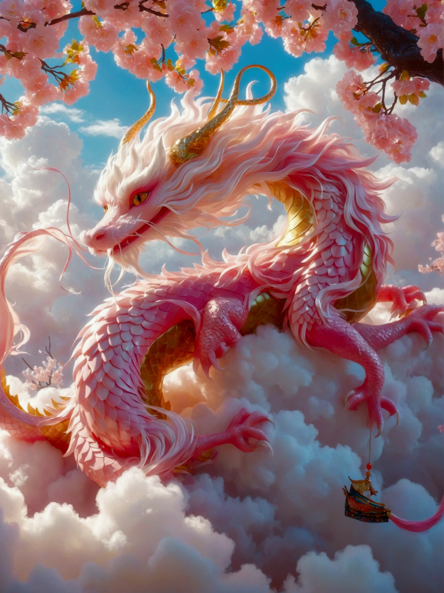 [Vision:1.0]，[Wide Angle:1.0]，Dragon sleeping on clouds, translucent glass brush, Sakura and gold style, anime aesthetics, furry art, pink, elaborate, 3d, C4D rendering, 8k, super high detail, Bright colors，Bright，Ultra high saturation，rgb, Colorful)，(High contrast:1.5)，(whole body:1.8), magazine photography，Popular on social platforms，((Dopamineism))，(((Dopamine color matching)))，Dopamine，(in the style of Y2K)，Luo Erchun，Three-dimensional ancient style，Oriental poetry and painting