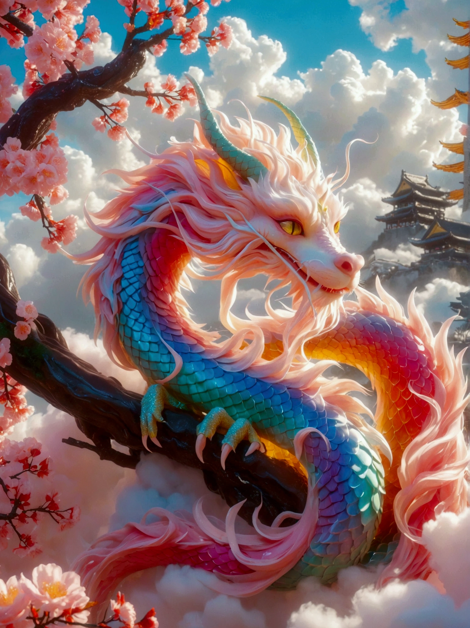 [Vision:1.0]，[Wide Angle:1.0]，Dragon sleeping on clouds, translucent glass brush, Sakura and gold style, anime aesthetics, furry art, pink, elaborate, 3d, C4D rendering, 8k, super high detail, Bright colors，Bright，Ultra high saturation，rgb, Colorful)，(High contrast:1.5)，(whole body:1.8), magazine photography，Popular on social platforms，((Dopamineism))，(((Dopamine color matching)))，Dopamine，(in the style of Y2K)，Luo Erchun，Three-dimensional ancient style，Oriental poetry and painting