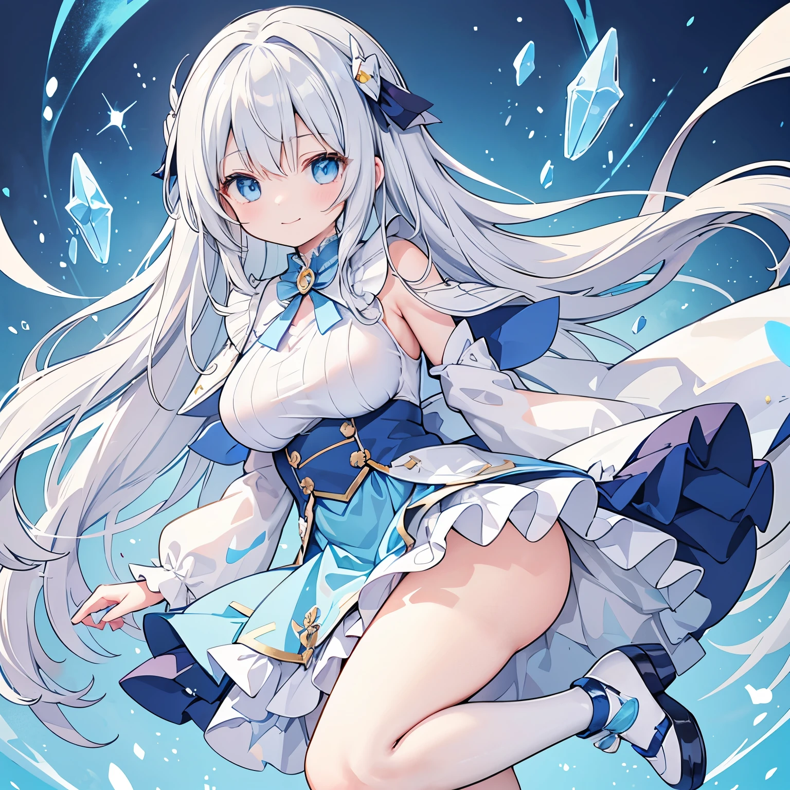 One person 小さいBody長 低Body長 Baby Face cute Light gray hair Long Hair Blue colored eyes Magical girl witch Body 全Body skirt Translucent cape shoes Big Brealothing Embarrassed A little smile