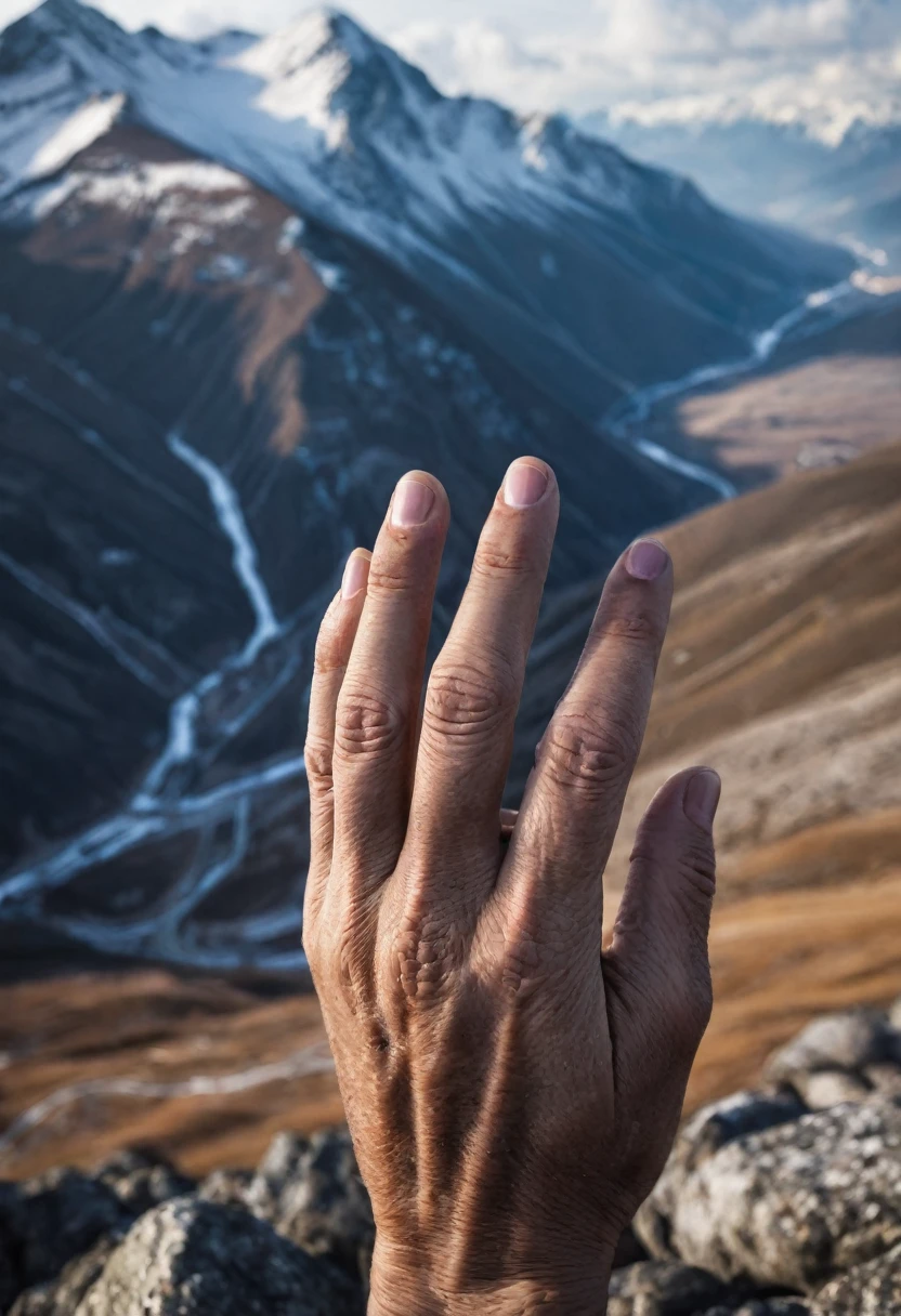 Hands close-up, Rugged mountain scenery, strong hands, Hand up, Mountainous Regions, Skin exposed to the cold, Strong fingers