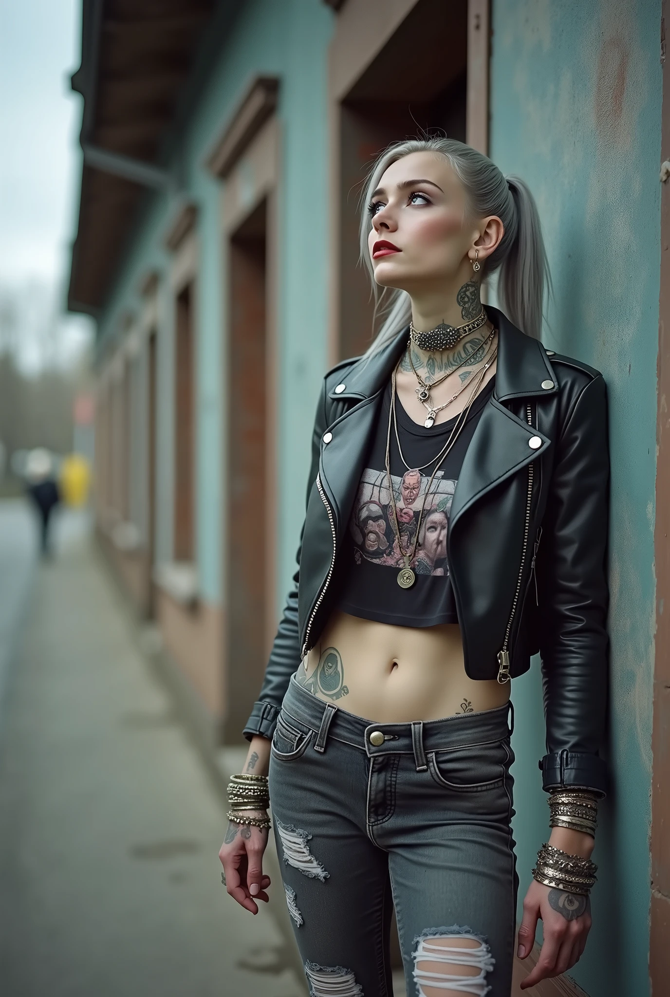 russian old milf woman, biker gang member, long grey hair (low ponitail) with very light blue eyes, extremely pale, heavy eye shadows. Thin. Sad, humbled face, smeared excessive make up and smeared excessive dark red lipstick Wearing cropped black moto jacket, black cropped t-shirt with rock band logo, skinny black jeans and white tennis sneakers. Lots of metallic bracelets. Big pentacle pendant. Tacky wide belt with massive skull and bones buckle . Tattoed. Piercing in belly button. Lots of rings and ethnic bracelets. Wide loop earrings. She thinks God is in front of her and talking to her, mouth and eyes open in amazement. Toned abs, long neck, thin arms and legs