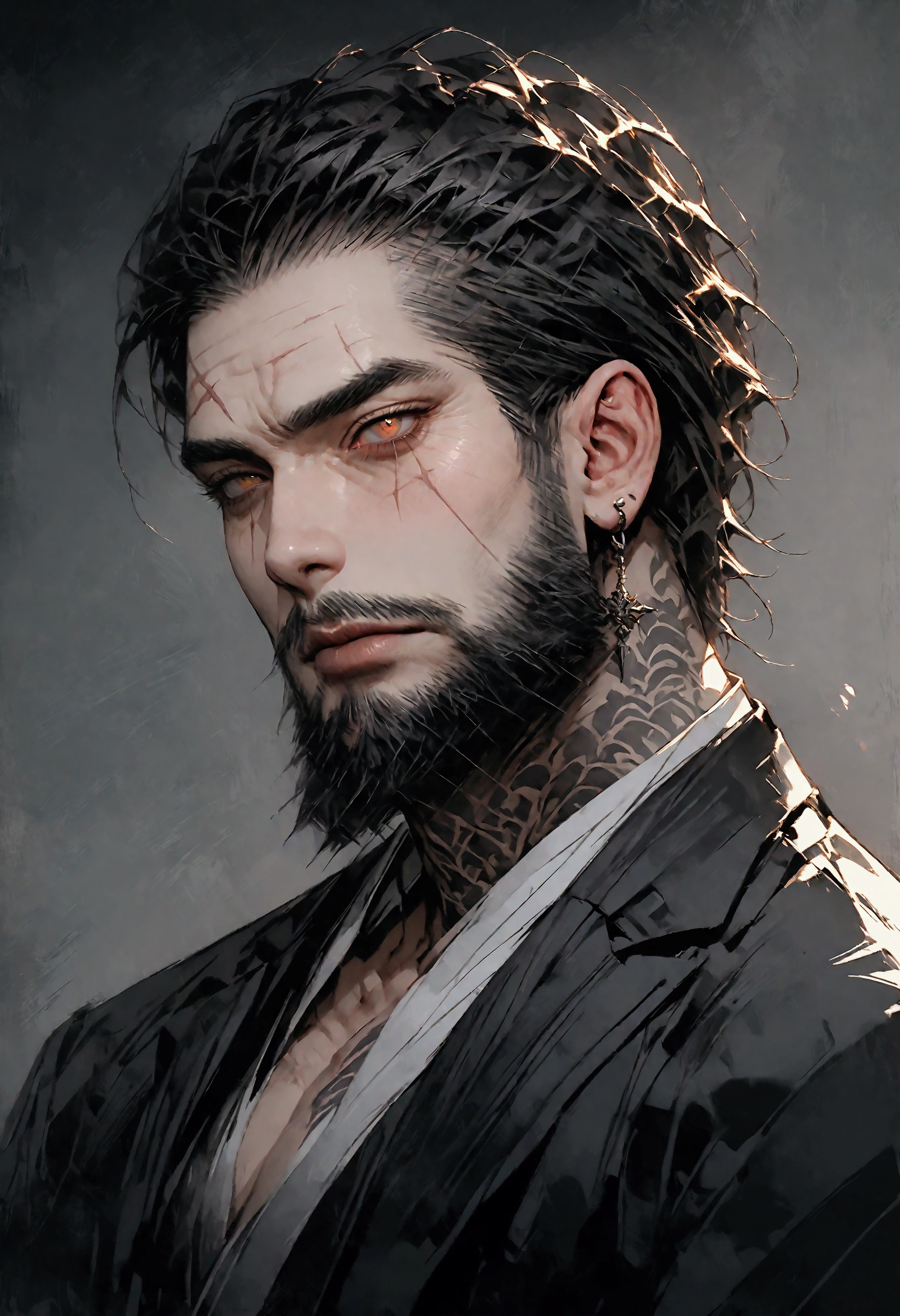Realistic Digital Painting with Concept Art Elements"," digital painting," "concept art," "realistic," "high detail", "muscular",, "high-res", "ominous aura,", "8k resolution", "oil painting", "darker tone" , "dark saturation" ,"dark feeling", "concept art" , "detailed features" , "detailed eyes" , "1man" , "masculine build" , "yakuza" , "handsome" , "brown eyes" , "tattooed neck" , "suit" , "upper body" , "scar over lip" ,"scarred face" , "dangerous" , "narrow eyes" ," furrowed brows" , "side shot" , "grey short hair" , "sitting on chair" , "legs crossed" , "long bushy beard" , "very Short hair" , "mature man" , "old man"
