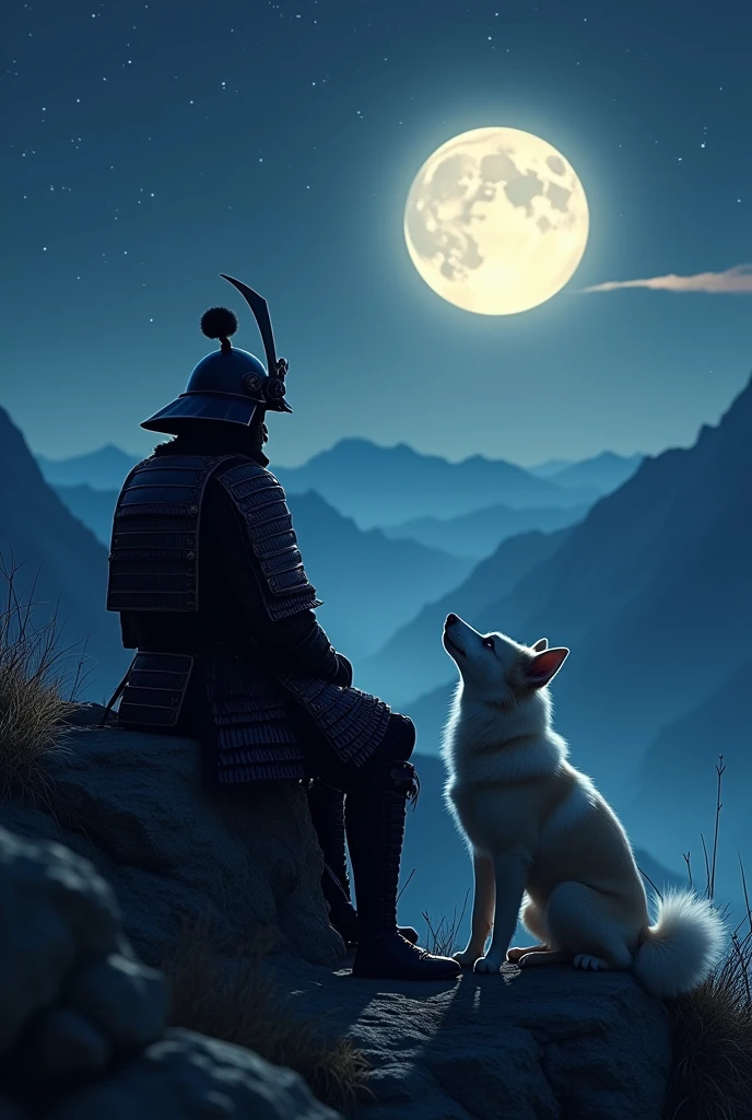 (photorealism:1.2), Dark Armored Samurai, sitting on cliff and zooms into him, night, Moon in background, Japanese Spitz dog sitting next to Samurai and is howling, photo size as Tiltok Profile