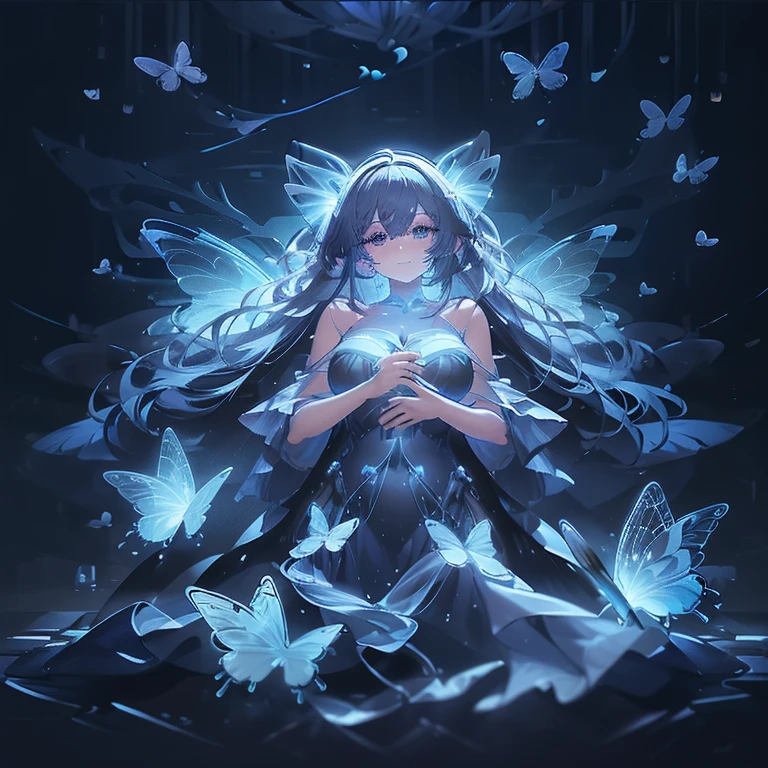 Lots of blue butterflies、Background Black、Line art、Neon LightThe overall look is dark,Blue glow, Glowing Blue, Glowing Details!, Glowing Aesthetics, Shining with Magical Light, White Glowing Veins, Glowing Details, Shimmering with Colorful Lights, Bioluminescent Skin!, with Glowing Blue lights, anime characters; full body art, Glow effect, Luminous veins, Blue light. fantasy, A cartoon girl in a glowing outfit sits on the ground. The neon on her body is the light source.