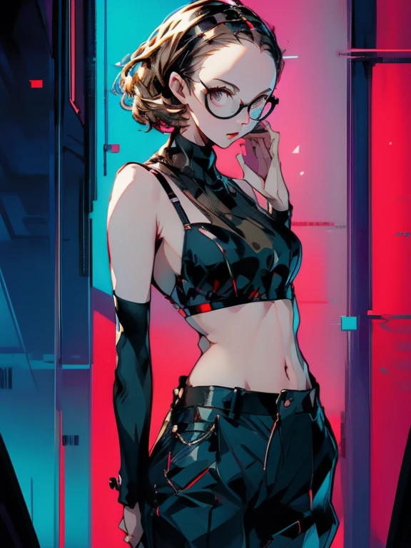 in the art style of persona5, (masterpiece:1.2, highest quality), (Realistic, photoRealistic:1.4), Beautiful illustrations, (Natural Side Lighting, Cinema Lighting), Written boundary depth, Beautiful thighs staring at the viewer, 1 female, 30-year-old, alone, thin, slender, (small breasts), (random Hair), Forehead, Forehead, Forehead, Forehead, thin, slender, glasses, lingerie, white bra, (((She wears sexy bra))), Skinny black pants, Are standing, (((glasses)))