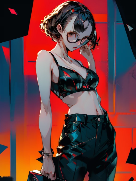 in the art style of persona5, (masterpiece:1.2, highest quality), (Realistic, photoRealistic:1.4), Beautiful illustrations, (Natural Side Lighting, Cinema Lighting), Written boundary depth, Beautiful thighs staring at the viewer, 1 female, 30-year-old, alone, thin, slender, (small breasts), (random Hair), Forehead, Forehead, Forehead, Forehead, thin, slender, glasses, lingerie, white bra, (((She wears sexy bra))), Skinny black pants, Are standing, (((glasses)))