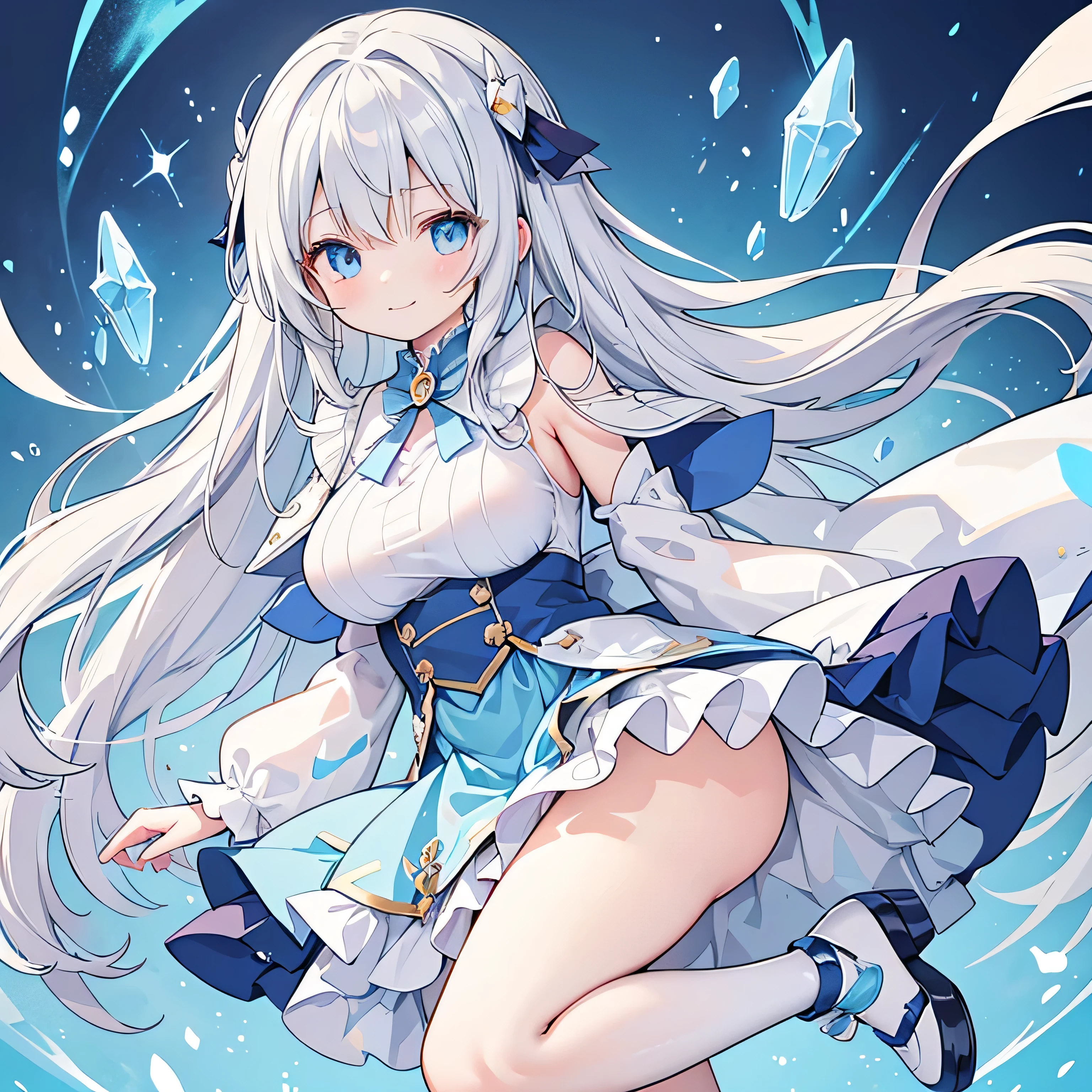 One person 小さいBody長 低Body長 Baby Face cute Light gray hair Long Hair Blue colored eyes Magical girl witch Body 全Body skirt Translucent cape shoes Big Tits Big Breasts Sheer clothing Embarrassed A little smile