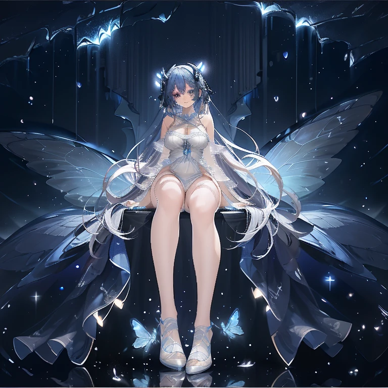 Lots of blue butterflies、Background Black、Line art、Neon LightThe overall look is dark,Blue glow, Glowing Blue, Glowing Details!, Glowing Aesthetics, Shining with Magical Light, White Glowing Veins, Glowing Details, Shimmering with Colorful Lights, Bioluminescent Skin!, with Glowing Blue lights, anime characters; full body art, Glow effect, Luminous veins, Blue light. fantasy, A cartoon girl in a glowing outfit sits on the ground. The neon on her body is the light source.