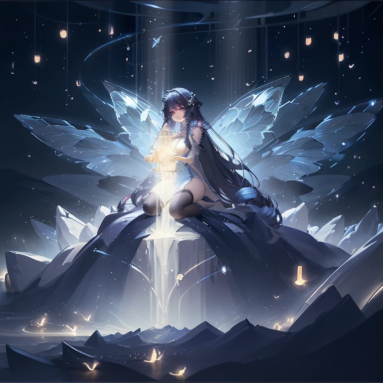 Lots of blue butterflies、Background Black、Line art、Neon LightThe overall look is dark,Blue glow, Glowing Blue, Glowing Details!, Glowing Aesthetics, Shining with Magical Light, White Glowing Veins, Glowing Details, Shimmering with Colorful Lights, Bioluminescent Skin!, with Glowing Blue lights, anime characters; full body art, Glow effect, Luminous veins, Blue light. fantasy, A cartoon girl in a glowing outfit sits on the ground. The neon on her body is the light source.