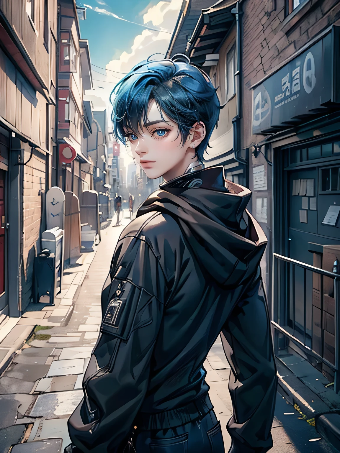 ((4K works))、​masterpiece、(top-quality)、One Beautiful Boy、Slim body、tall、((Attractive street style in black hoodie))、(Detailed beautiful eyes)、Fantastic British cities、Back alley in the daytime、((Strolling through a fantastic back alley))、((Daytime bright sky))、((Back alleys in the UK))、((Shot in a back alley in England))、((Short-haired bright blue hair))、((Smaller face))、((White eyes))、((American adult male))、((Adult male 26 years old))、((Cool Men))、((Like a celebrity))、((Smile showing teeth and smiling))、((Korean Makeup))、((elongated and sharp eyes))、((boyish))、((Upper body photography))、((Happy dating))、Professional Photos、((Shot alone))、((Shot diagonally from the side))、((Shot in close proximity to him))、((He is walking next to the viewer))、((Focus zoom in))