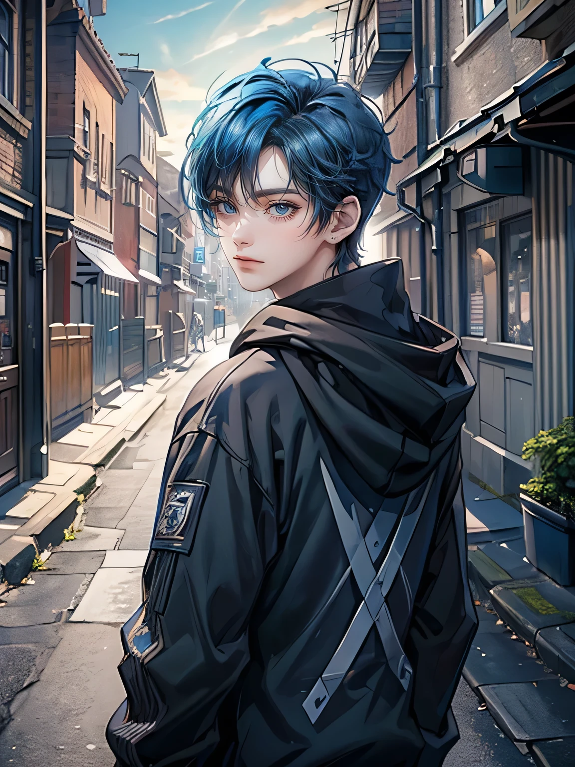 ((4K works))、​masterpiece、(top-quality)、One Beautiful Boy、Slim body、tall、((Attractive street style in black hoodie))、(Detailed beautiful eyes)、Fantastic British cities、Back alley in the daytime、((Strolling through a fantastic back alley))、((Daytime bright sky))、((Back alleys in the UK))、((Shot in a back alley in England))、((Short-haired bright blue hair))、((Smaller face))、((White eyes))、((American adult male))、((Adult male 26 years old))、((Cool Men))、((Like a celebrity))、((Smile showing teeth and smiling))、((Korean Makeup))、((elongated and sharp eyes))、((boyish))、((Upper body photography))、((Happy dating))、Professional Photos、((Shot alone))、((Shot diagonally from the side))、((Shot in close proximity to him))、((He is walking next to the viewer))、((Focus zoom in))