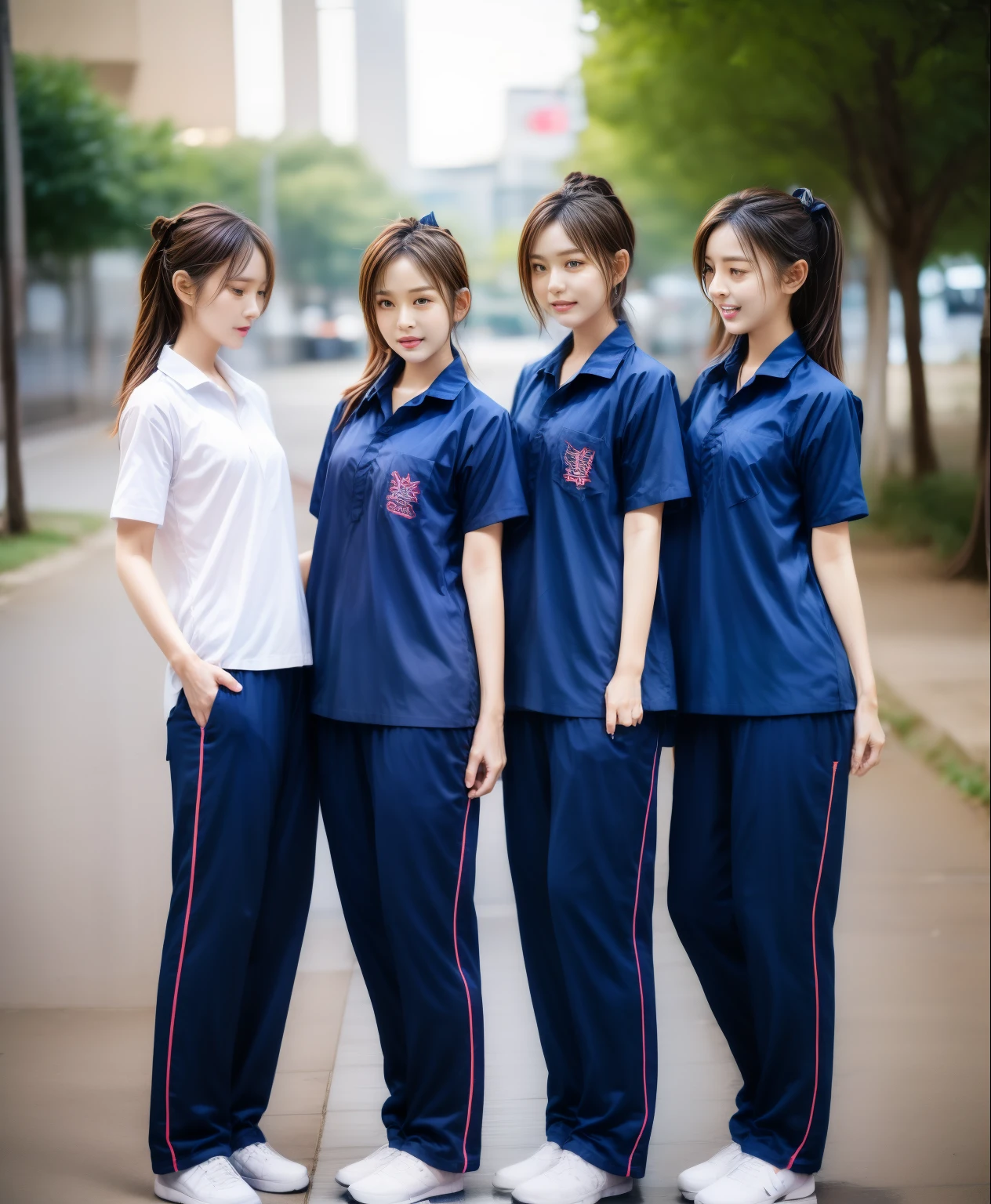 3 girls sleep on bed, Navy blue short-sleeved shirt,Navy Long Trackpant,Sweatpants, Sweatpantsขายาว,25 year old girl, lesbian, sexy, exercise clothes, wet body, exercise clothes