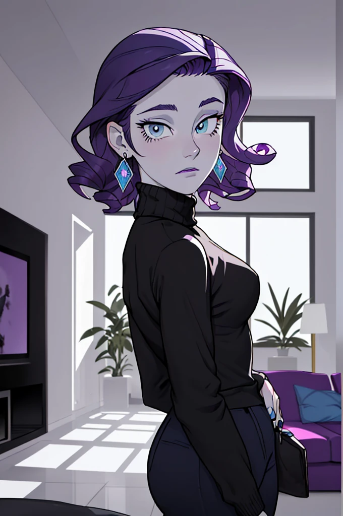 woman, blue eyes, pale skin, curly purple hair, wearing turtleneck, black pants, earrings, looking at camera, suprised expression, indoors, living room, instagram pose, comfy room, hot colors, bright lighting, moody ambiance,