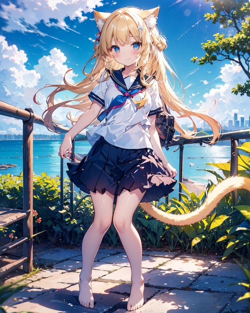 (Highest quality, Masterpiece: 1.2), (Solo), neko ears Anime coloring book, 4K quality, (((Girl))), blonde hair, cat ears, cat tail, neko ears, neko tail, little happy smile, Sailor uniform, Bare feet, Pleated skirt, A girl immersed in the world of anime High school description Noise, beach, blue sky, clouds, cloudy sky, dewy road, sun, horizon, ocean, landscape, sky, skyline, blue sky and white clouds, fantastic light, beautiful light, mirror, mysterious, Beautiful, clear water, mirror world, dream, heaven, stairs, diving, cliff, rainbow, aurora, mirage, moon, planet, meteorite. she's jumping and splashing water