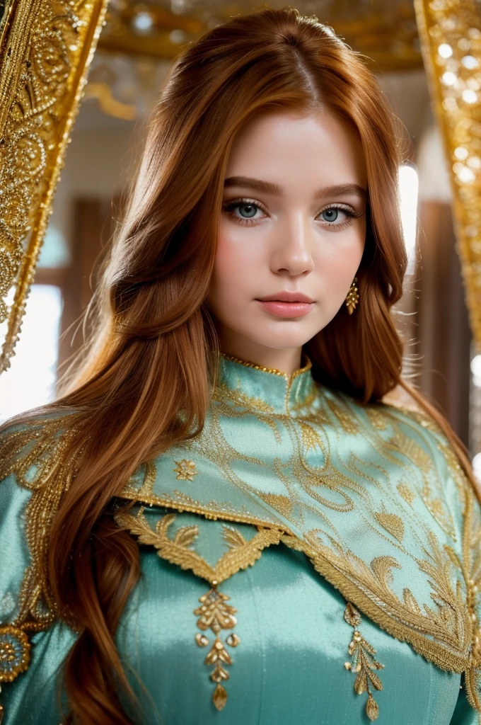 Ginger-haired Russian woman in traditional winter attire, capturing the essence of multiple adjectives such as kind-hearted, warm-hearted, sweet, polite, sensitive, friendly, charming, graceful, stylish, classy, alluring, majestic, ethereal, angelical, long hair framing the face, intricate embroidery on costume, soft glow accentuating gentle facial features, shot in the golden hour light.