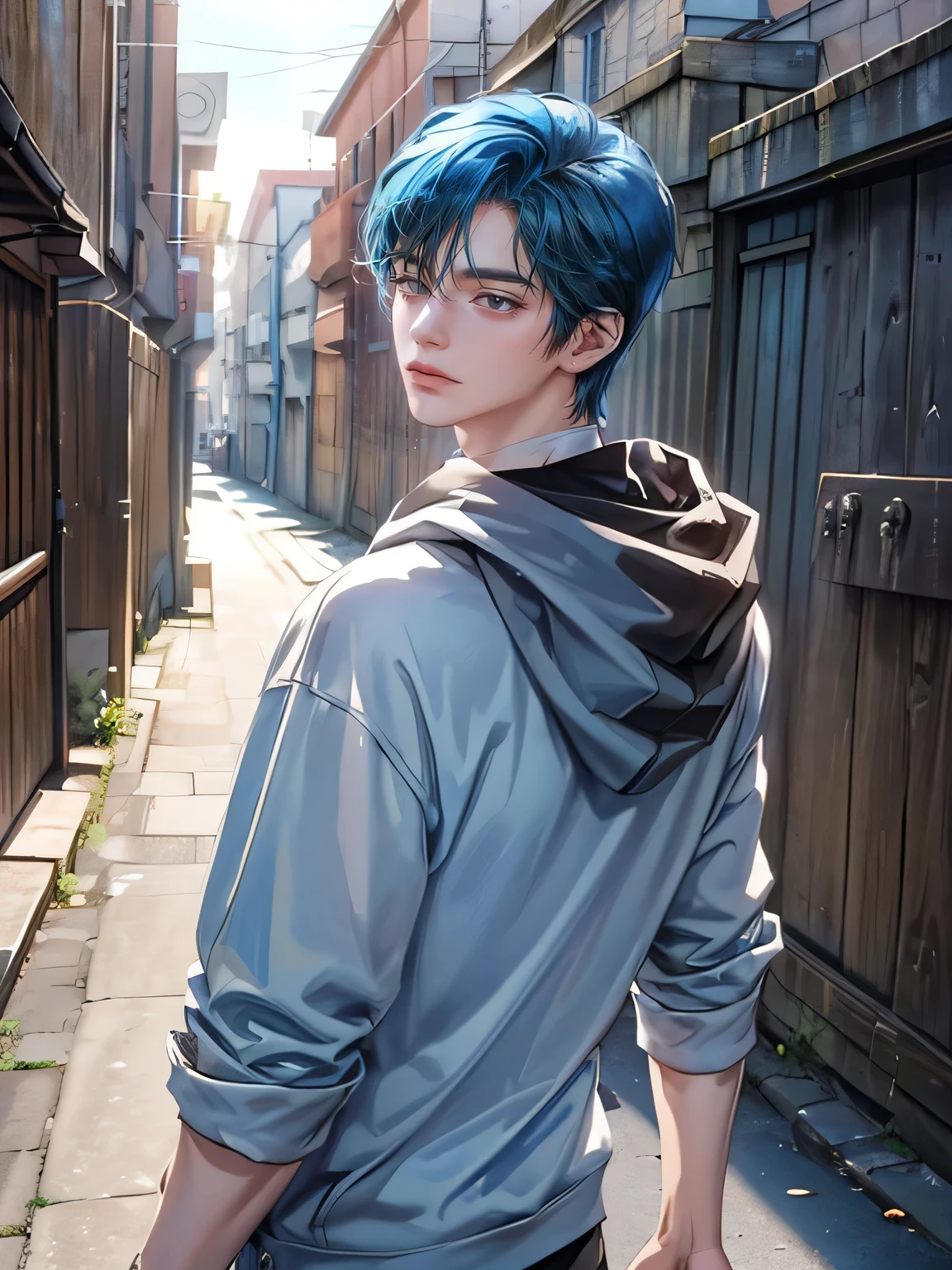 ((4K works))、masterpiece、(top-quality)、One Beautiful Boy、Slim body、tall、((Attractive street style in black hoodie))、(Detailed beautiful eyes)、You can see a beautiful collarbone、Fantastic Britain、Back alley in the daytime、((Fantastic back alley))、((Daytime bright sky))、((Fantastic back alley))、((Shot in a fantastic back alley))、((Short-haired bright blue hair))、((Smaller face))、((White eyes))、((American adult male))、((Adult male 26 years old))、((Cool Men))、((Like a celebrity))、((Smile showing teeth and smiling))、((Korean Makeup))、((elongated and sharp eyes))、((boyish))、((Upper body photography))、((Happy dating))、Professional Photos、((Shot alone))、((shot from front))、((He's facing this way))、((Shot in close proximity to him))、((He stands in front of the viewer))、lovey-dovey、((He's trying to kiss))
