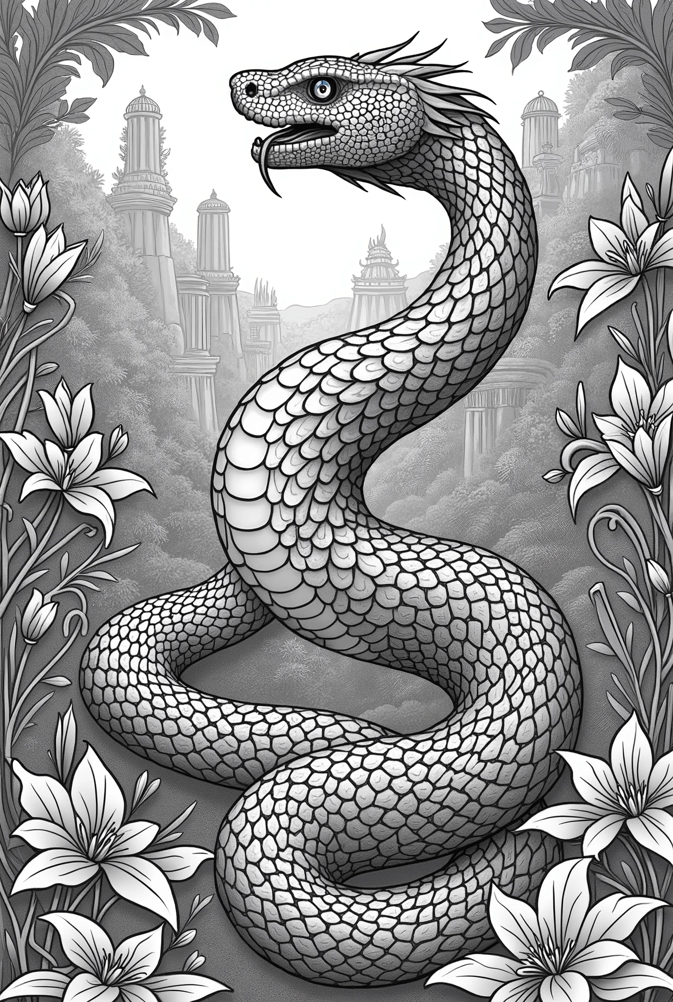 (1.1) mythical snake illustrations, enchanted world, renaissance, baroque, black outline, no colors