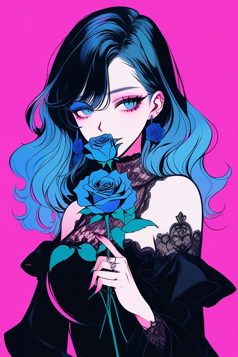 Illustrator, anime , Realistic ,sketch , 1 person, model,Portraiture, lip, A semi-transparent gothic black mini dress with abundant lace..., order, Blue and pink gradient background, Neon colored hair, Big Breasts, She is holding a blue rose in her mouth..., Sexy look, Sexy pose, Texture Trim, Russia, (masterpiece,Highest quality)