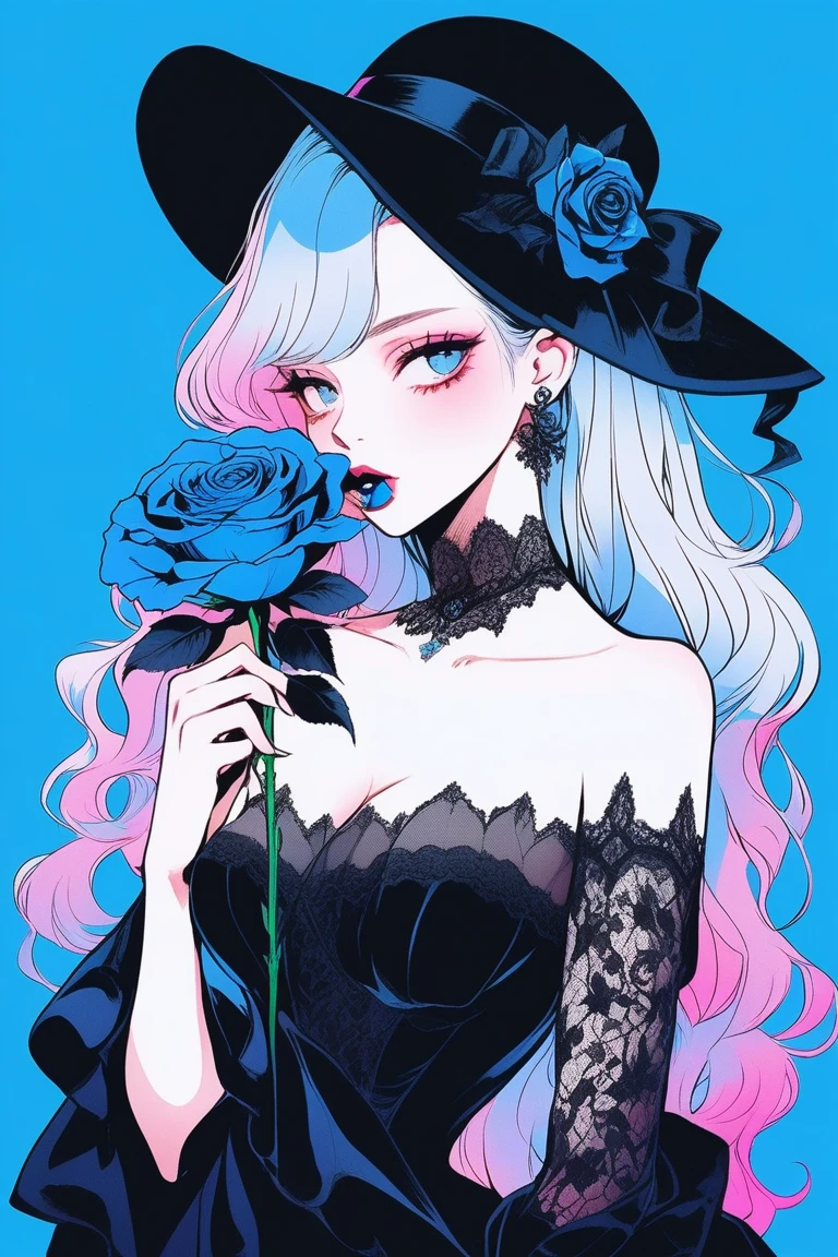 Illustrator, anime , Realistic ,sketch , 1 person, model,Portraiture, lip, A semi-transparent gothic black mini dress with abundant lace..., order, Blue and pink gradient background, Neon colored hair, Big Breasts, She is holding a blue rose in her mouth..., Sexy look, Sexy pose, Texture Trim, Russia, (masterpiece,Highest quality)