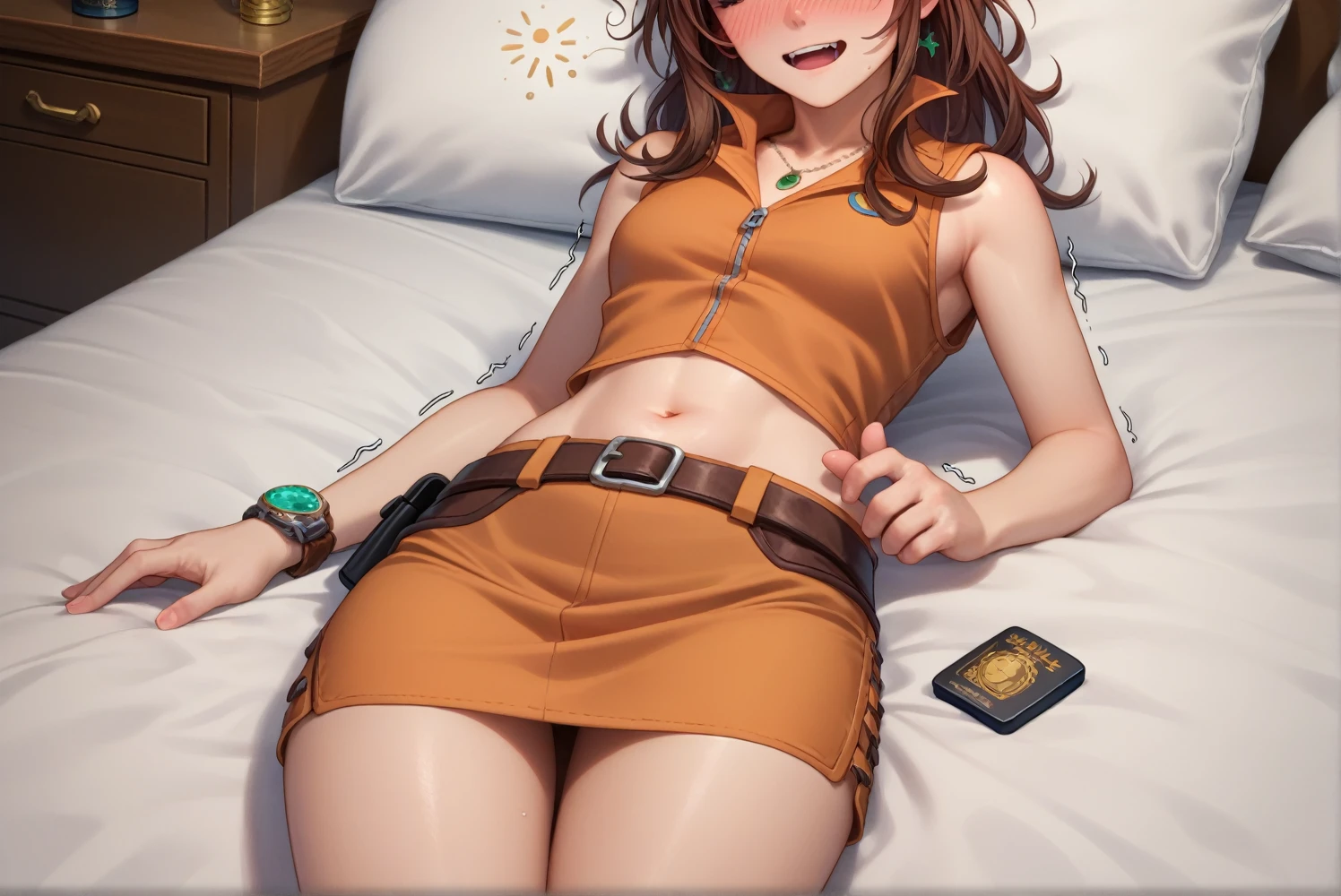 Gemini Sunrise,Brown sleeveless collared cowgirl shirt,Ultra mini skirt,Western belt with holster,Western Boots,Watch on wrist,Gold sheriff badge on chest,Navel exposed,Drunk,Above the knee shot,Trembling,hiccups,View here,Lying in bed,Ultra-high resolution,16K