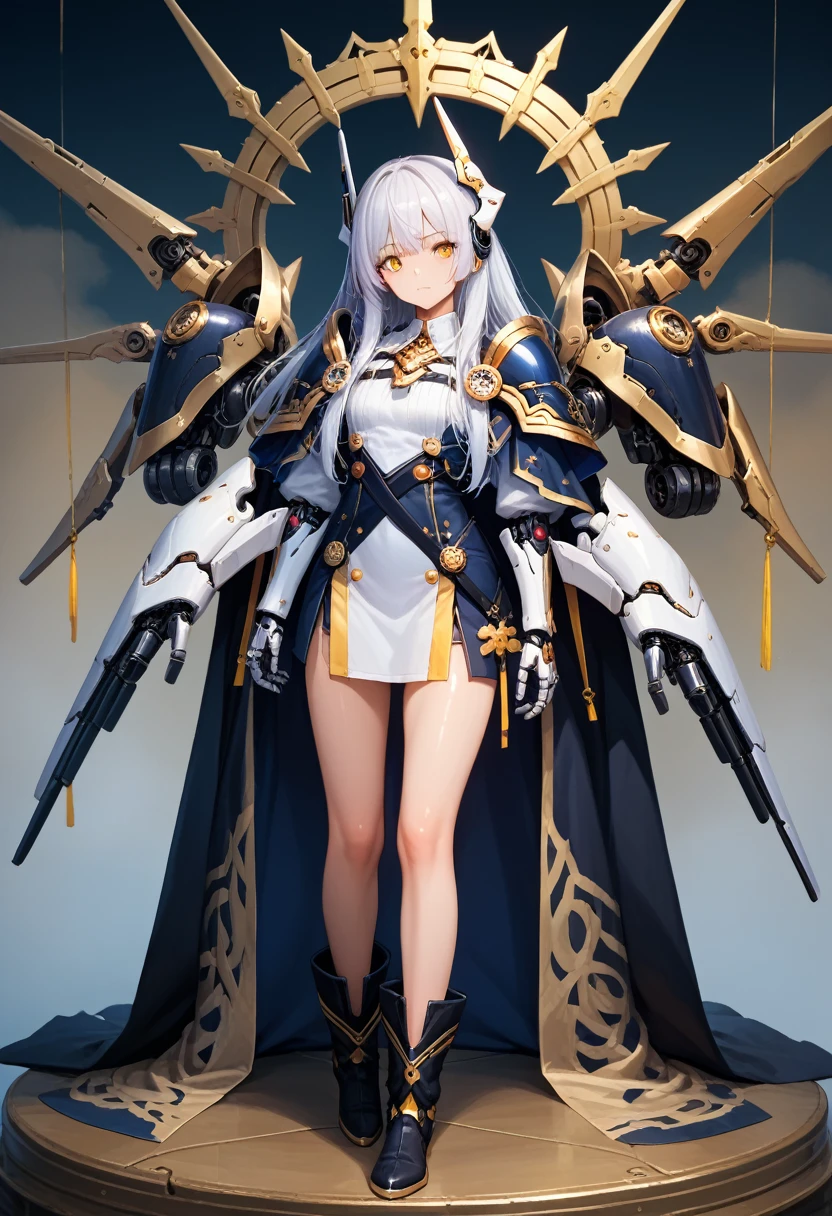 swdef, white hair, long hair, yellow eyes, headgear, mechanical arms, shoulder pad, cloak, chest strap, badge, thighs, boots,9,score_8_up,score_7_up,masterpiece,best quality,perfect anatomy,very aesthetic,official art,8k,shiny_skin,fair_skin,white_skin, Идет по Улице с Улыбкой