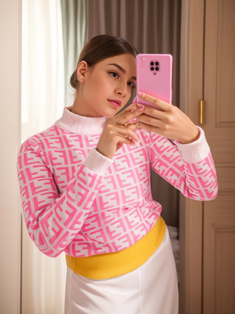A girl is taking a selfie in the mirror of a dressing table in a bright and beautiful apartment., realism, photographic photography, quality