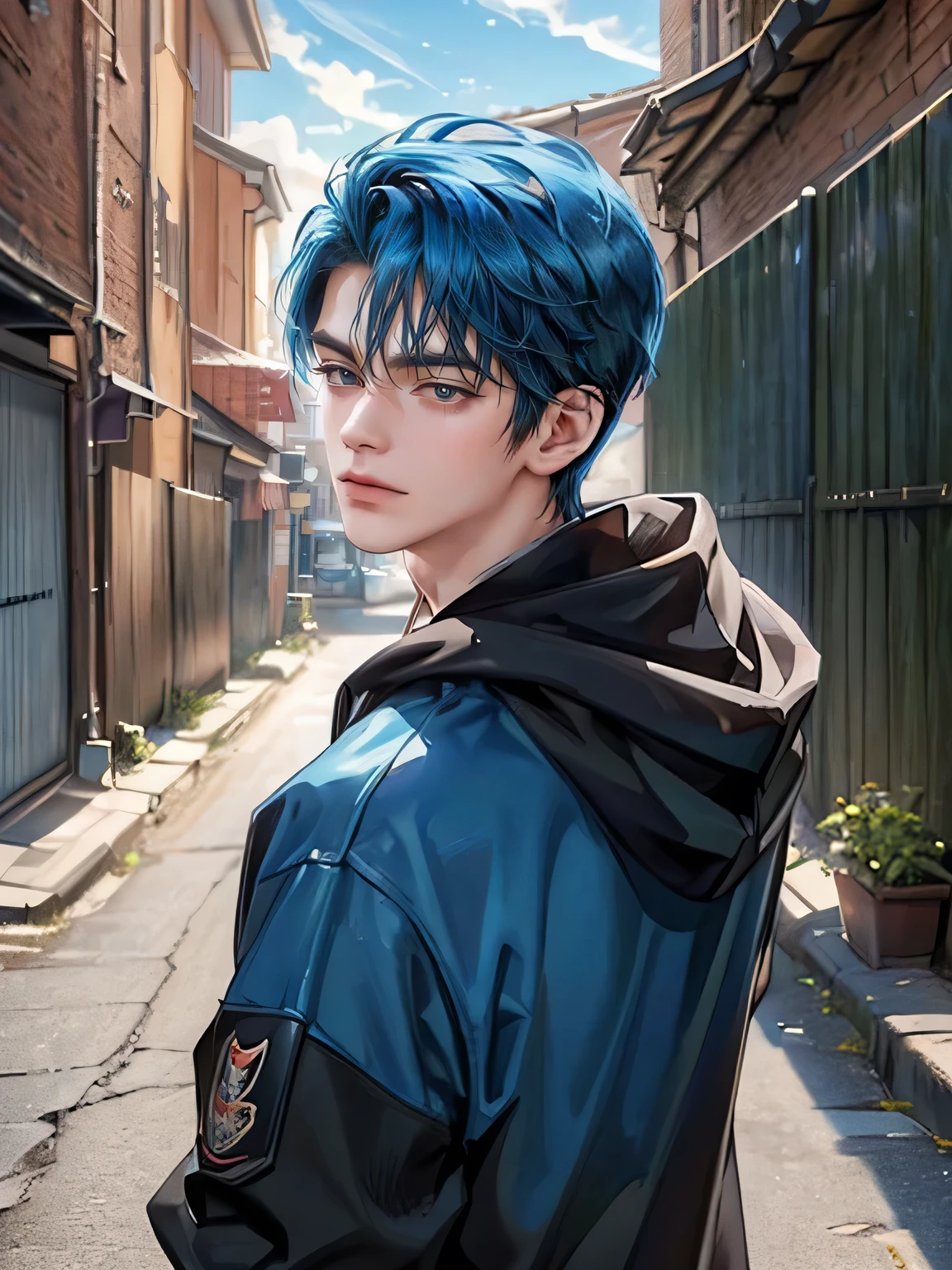 ((4K works))、​masterpiece、(top-quality)、One Beautiful Boy、Slim body、tall、((Attractive street style in black hoodie))、(Detailed beautiful eyes)、You can see a beautiful collarbone、Fantastic Britain、Back alley in the daytime、((Fantastic back alley))、((Daytime bright sky))、((Fantastic back alley))、((Shot in a fantastic back alley))、((Short-haired bright blue hair))、((Smaller face))、((White eyes))、((American adult male))、((Adult male 26 years old))、((Cool Men))、((Like a celebrity))、((Smile showing teeth and smiling))、((Korean Makeup))、((elongated and sharp eyes))、((boyish))、((Upper body photography))、((Happy dating))、Professional Photos、((Shot alone))、((shot from front))、((He's facing this way))、((Shot in close proximity to him))、((He stands in front of the viewer))、lovey-dovey、((He's trying to kiss))