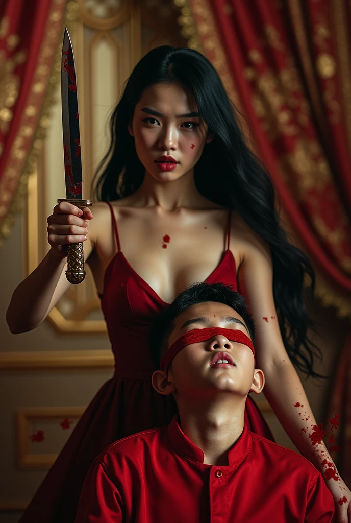 Chinese, very cute beautiful young woman, stabbing throat of a boy fold bloody throat, luxury house