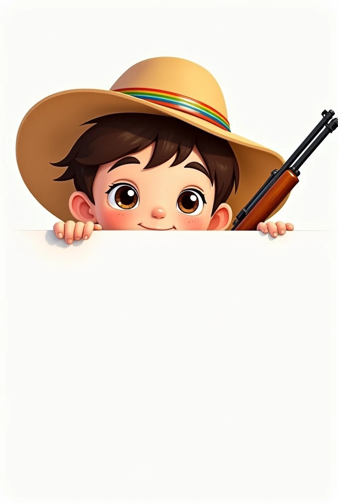 Upper part of a light skin cute boy with a straw hat and a rifle in hand with white background in cartoon