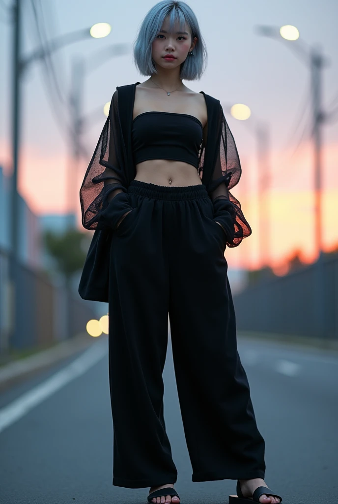 (8k, Photorealistic, Raw photo, Highest quality: 1.4),Japanese idol-style beautiful girl,model,1 person,18-year-old,(Short Bob),(Silver Hair :1.2),She has her hair tucked behind her ears,Clear grey eyes,Long eyelashes,(piercings(small)),(Lip gloss),lips(Plump,glossy),thin long neck,(Tube top),(Jacket((Black),(Sheer),(Mesh))Layered),(Wide leg pants((Sweat fabric),(Length that covers the instep))),barefoot,Sandals,Full body portrait
