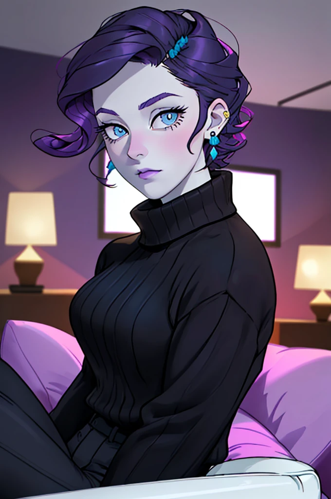 woman, blue eyes, pale skin, curly purple hair, wearing turtleneck, black pants, earrings, looking at camera, suprised expression, indoors, living room, instagram pose, comfy room, hot colors, bright lighting, moody ambiance, 