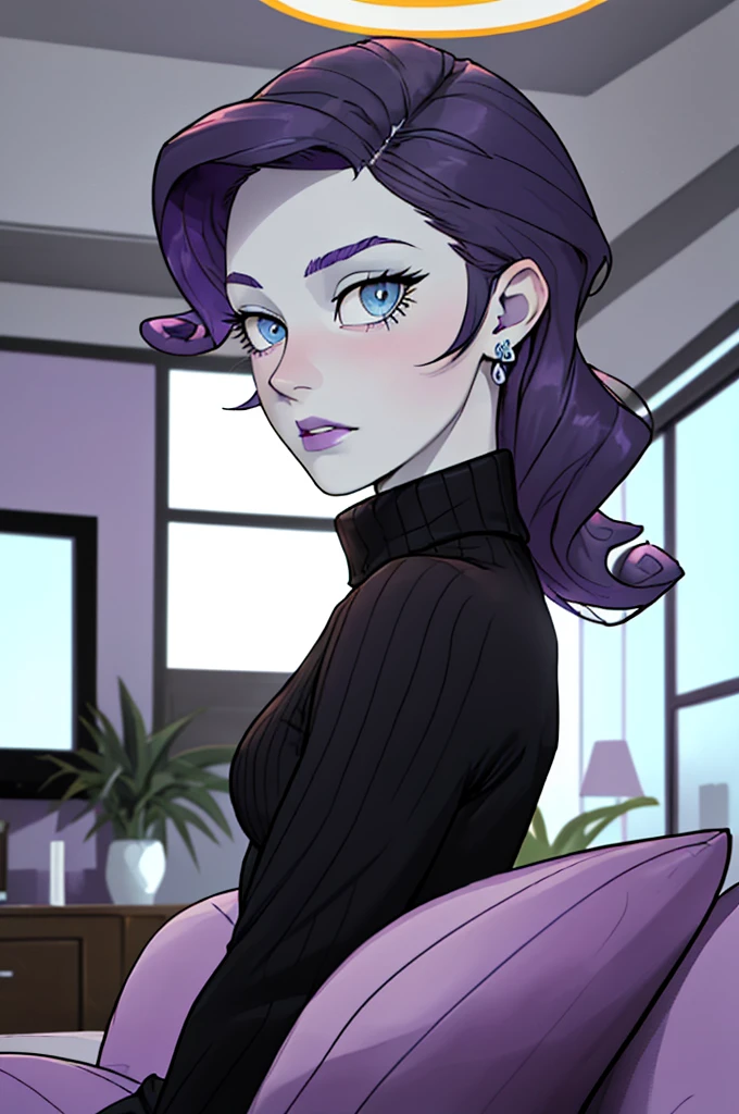 woman, blue eyes, pale skin, curly purple hair, wearing turtleneck, black pants, earrings, looking at camera, suprised expression, indoors, living room, instagram pose, comfy room, hot colors, bright lighting, moody ambiance, 