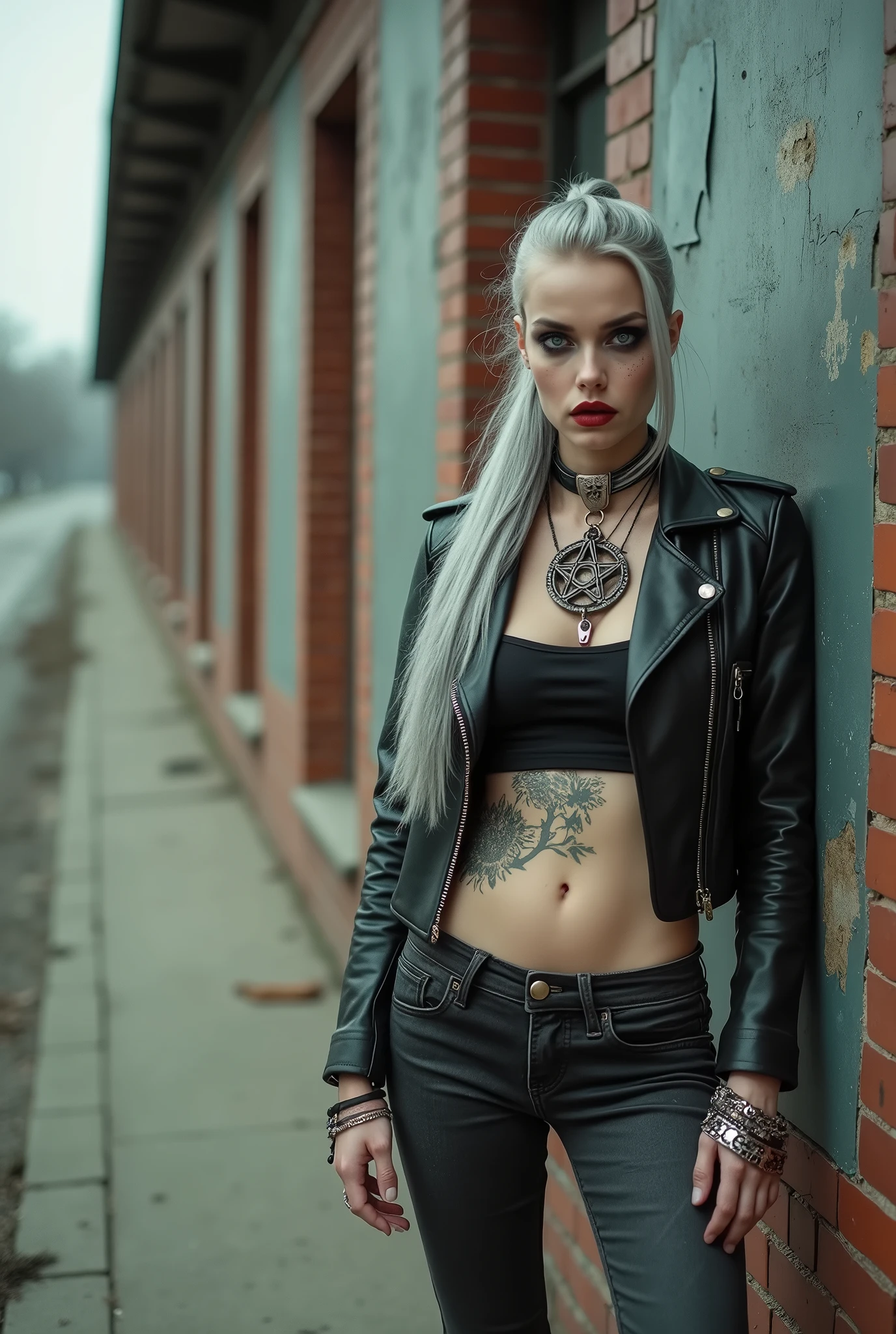 russian old milf woman, biker gang member, long grey hair (low ponitail) with very light blue eyes, extremely pale, heavy eye shadows. Thin. Sad, humbled face, smeared excessive make up and smeared excessive dark red lipstick Wearing cropped black moto jacket, black cropped t-shirt with rock band logo, skinny black jeans and white tennis sneakers. Lots of metallic bracelets. Big pentacle pendant. Tacky wide belt with massive skull and bones buckle . Tattoed. Piercing in belly button. Lots of rings and ethnic bracelets. Wide loop earrings. She looks down in shame, mouth and eyes open in amazement. Toned abs, long neck, thin arms and legs