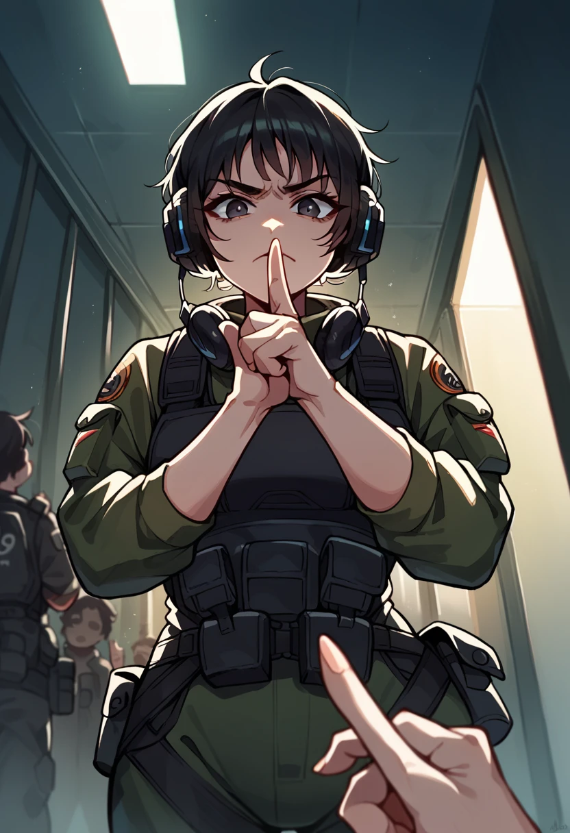 score_9, score_8_up,score_7_up, pov pinning the viewer down, low-angle, female Special Ops in black tactical tight stealth suit, headphones, shushing gesture pointing finger, serious expression, messy bun with dark hair, low-key lighting, stealth, dark dimly-lit millitary base,
