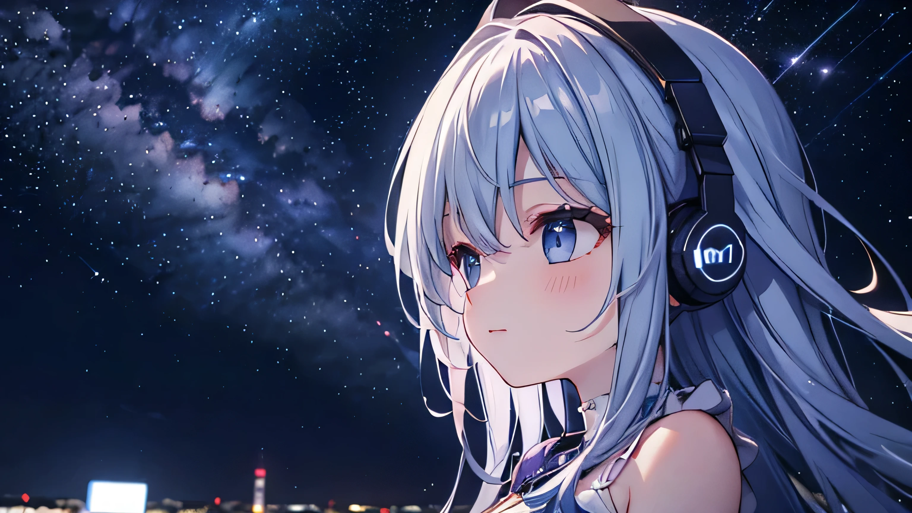 Night sky, stars and girl listening to music