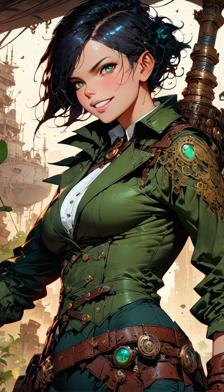 best quality,4k,8k,highres,masterpiece:1.2),ultra-detailed,extremely detailed eyes, extremely detailed body, (large masterpiece digital art), (detailed manga illustration), (detailed line art), ((perfect anatomy)), (intricate details:1.3), (ultra-detailed:1.3), (illustration:1.3), (sharp focus:1.3), (natural lighting:1.05), (vivid colors:1.3), (masterpiece), (best quality:1.4), (perfect anatomy:1.4), high quality, expressive eyes, full body, detailed face, beautiful face, perfect face, {1 man}, gloves, Steampunk clothes, black top, jacket, black jacket, {short hair}, {{dark skin}}, dark-skinned male, detailed ((black hair)), pants, belts, messy hair, detailed sea-green eyes, toned, dynamic lighting, 4k resolution, dynamic pose, smiling, cinematic lighting, dramatic atmosphere, fantasy, steampunk, Atey Ghailan, Jeremy Mann, Greg Manchess, Antonio Moro, trend in ArtStation, trend in CGSociety, Intricate, High Detail, Sharp focus, dramatic and photorealistic painting art by Midjourney and Greg Rutkowski, Jeff Bridges, ((cartoon style)), Marvel Cinematic Universe style, (((airship in the background))),